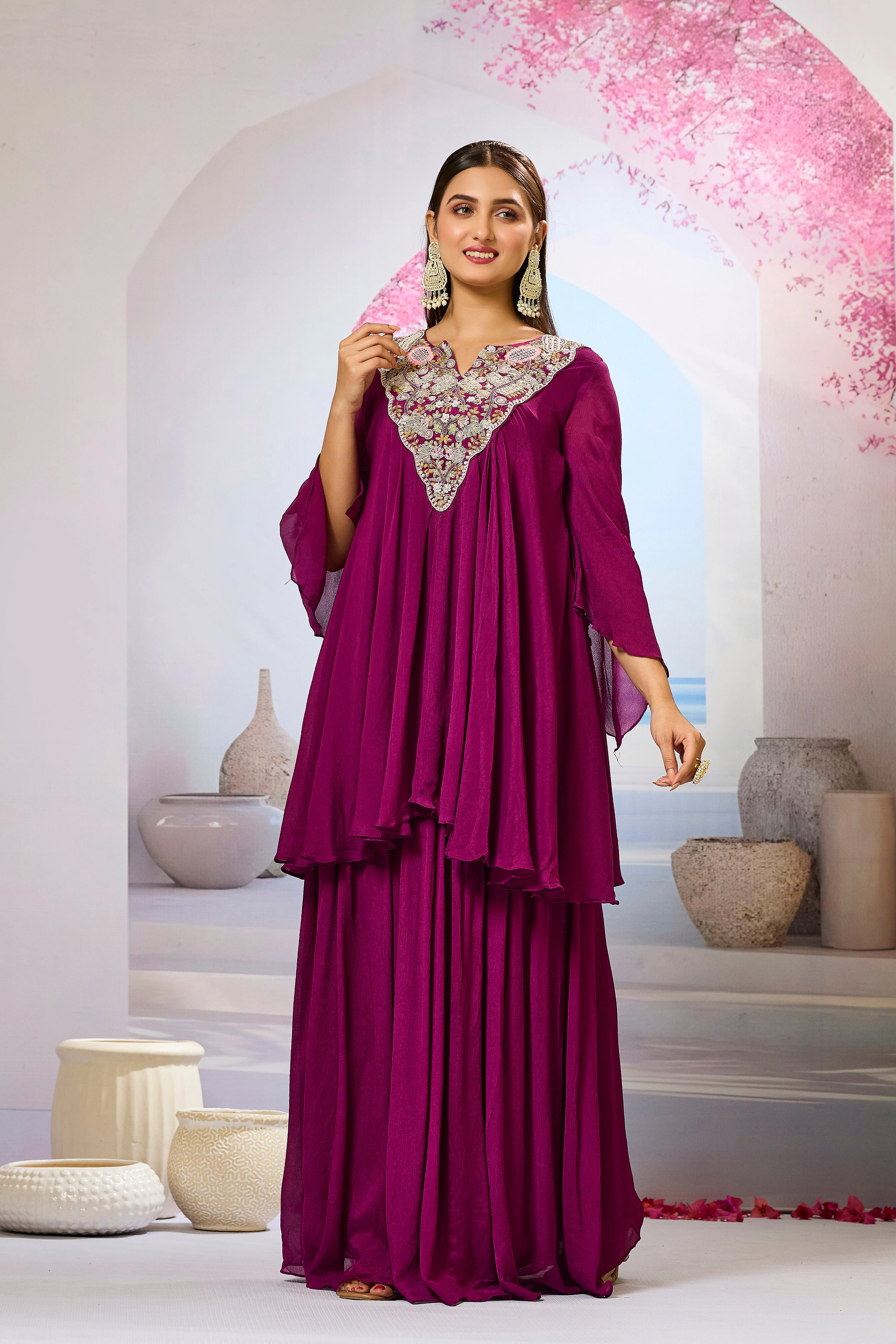 Wine Embellished Chinon Silk Skirt Set - Image 5
