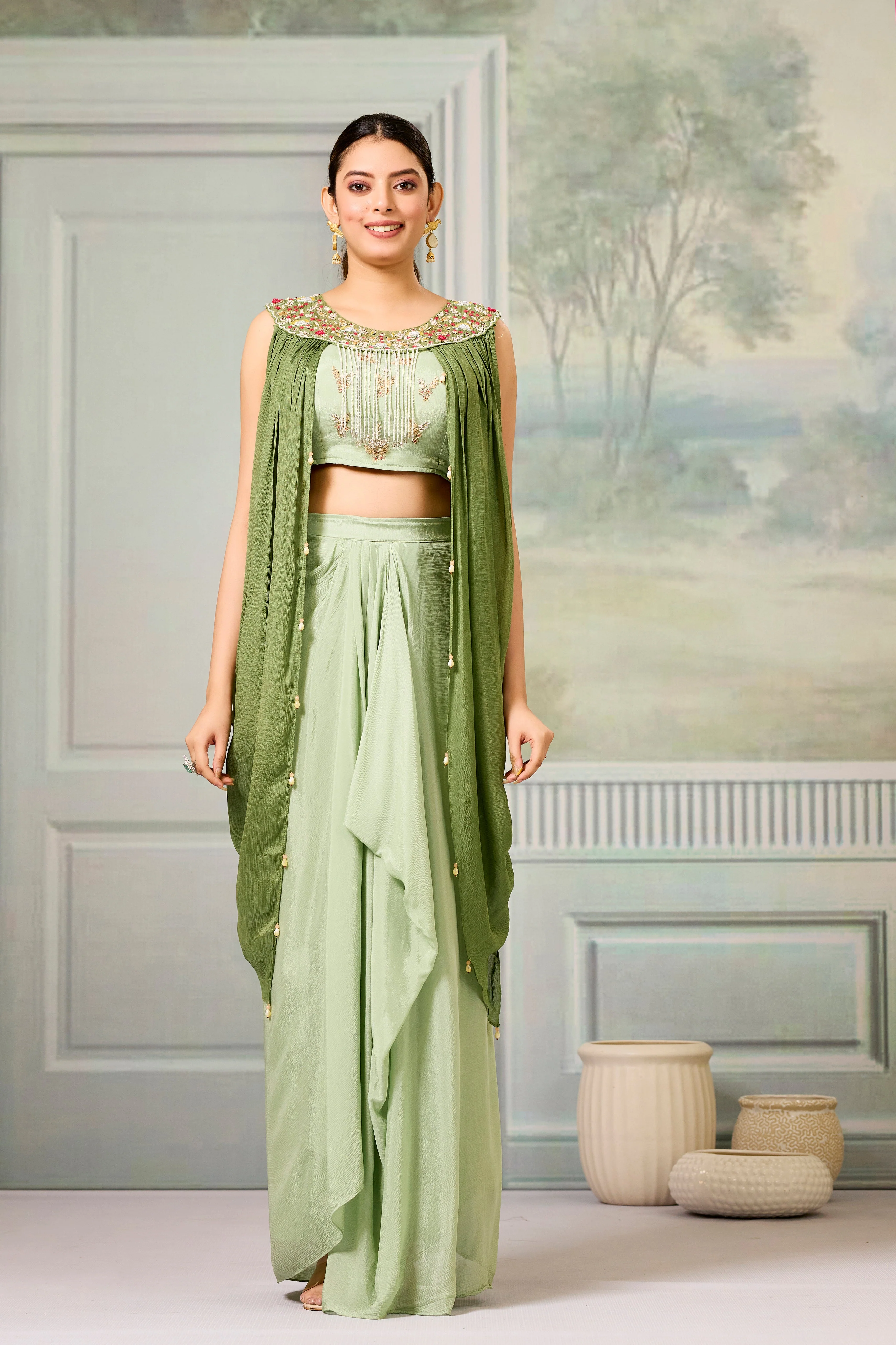 Green Embellished Chinon Silk Skirt Set - Image 5