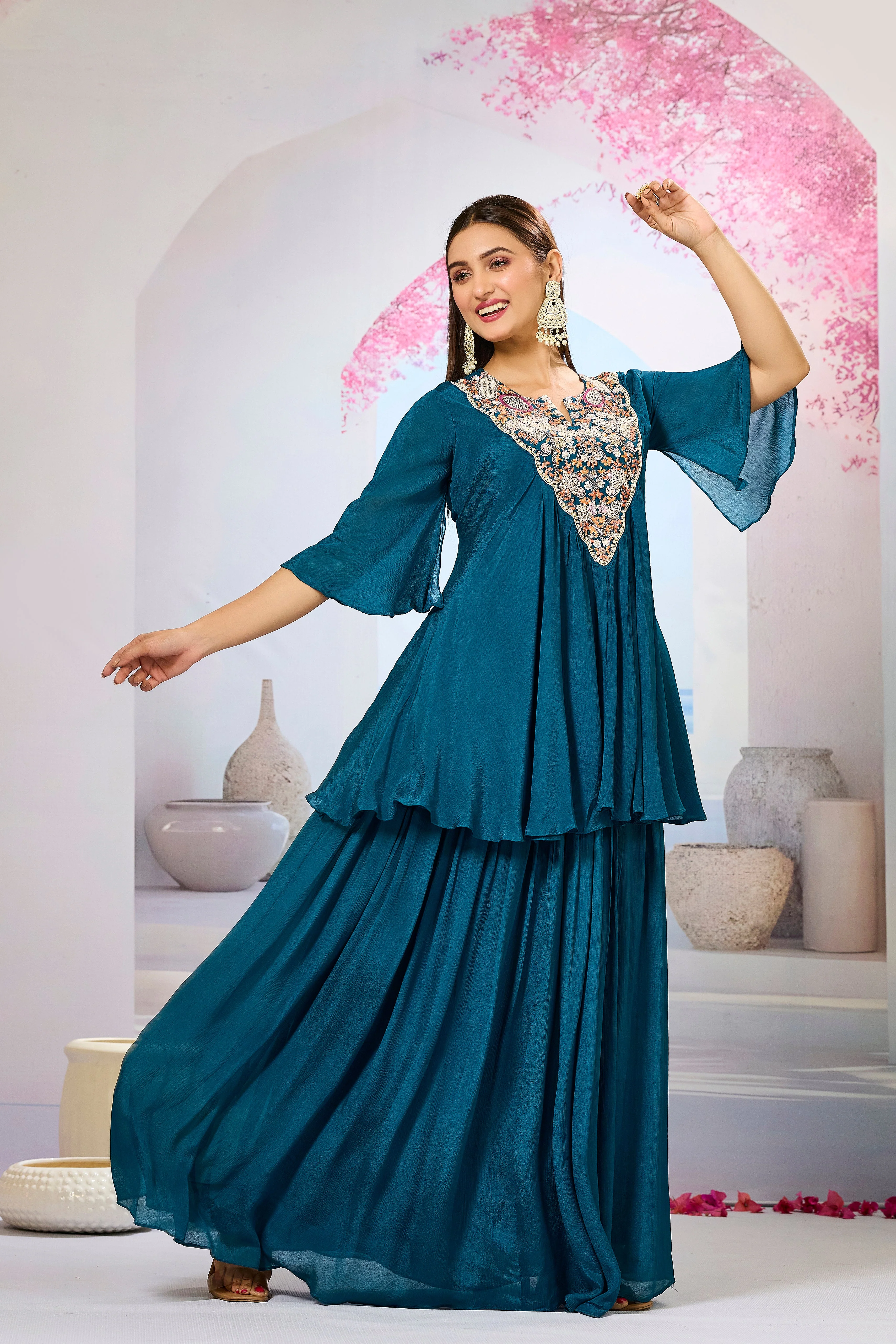 Teal Embellished Chinon Silk Skirt Set - Image 3