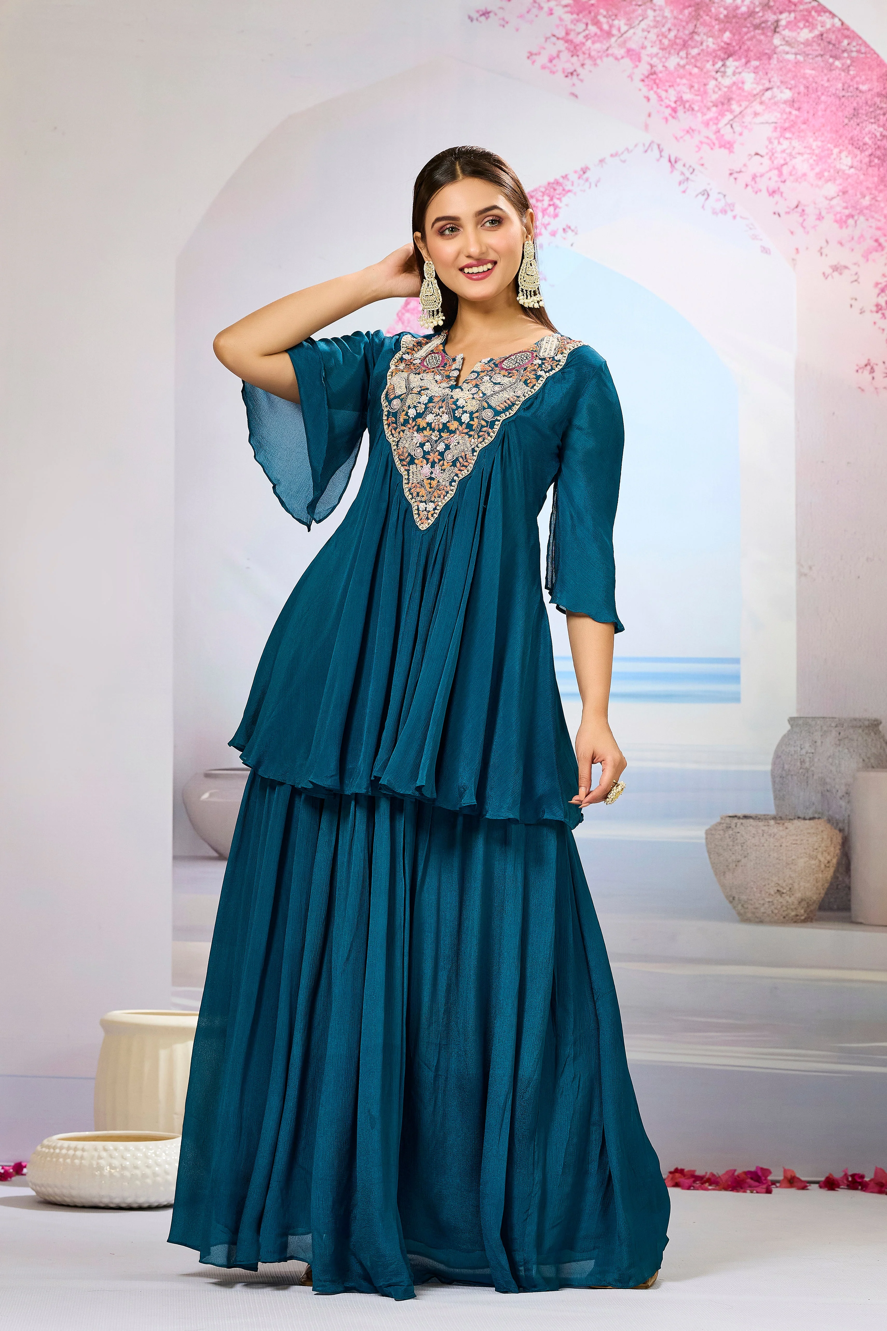 Teal Embellished Chinon Silk Skirt Set - Image 4