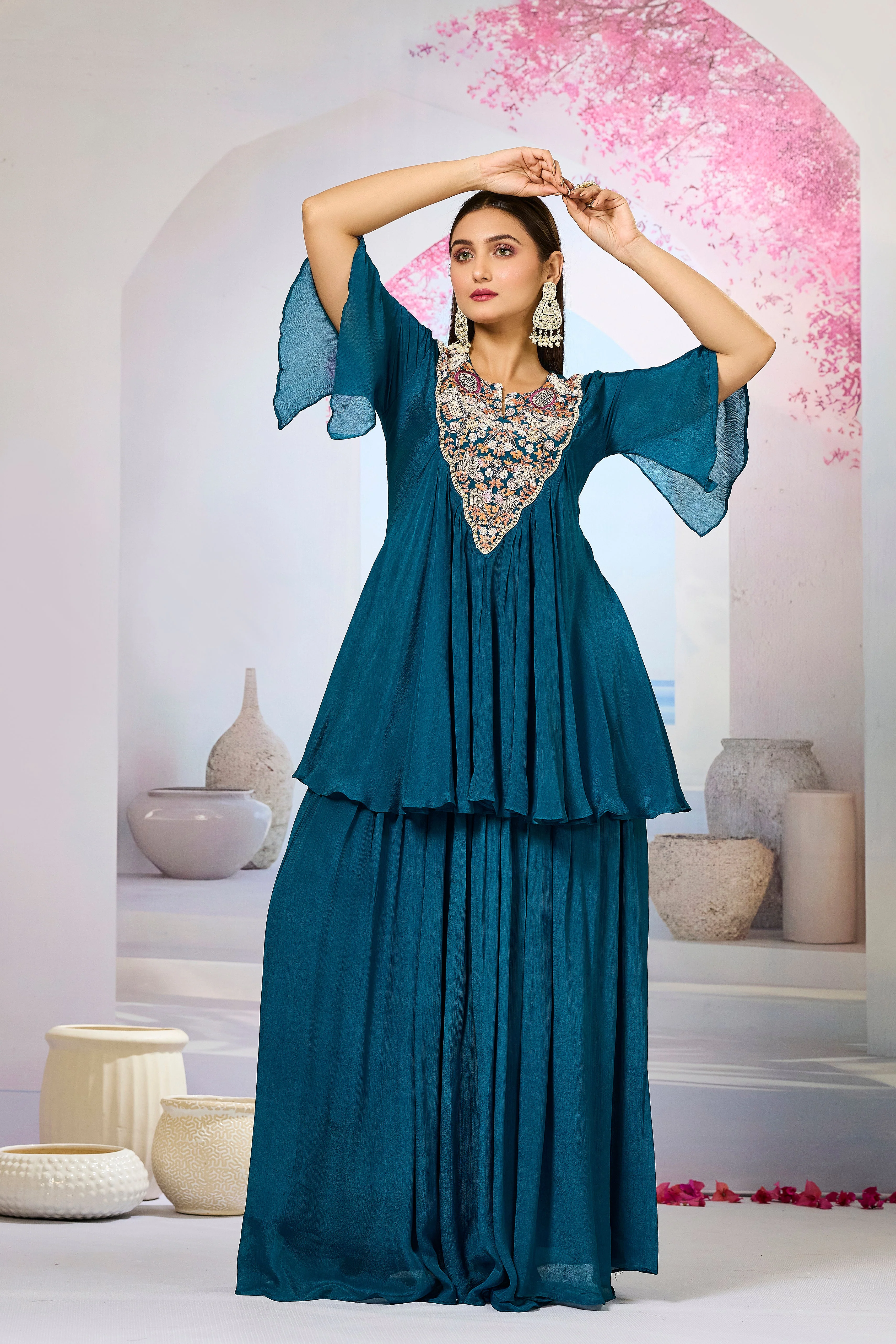 Teal Embellished Chinon Silk Skirt Set - Image 5