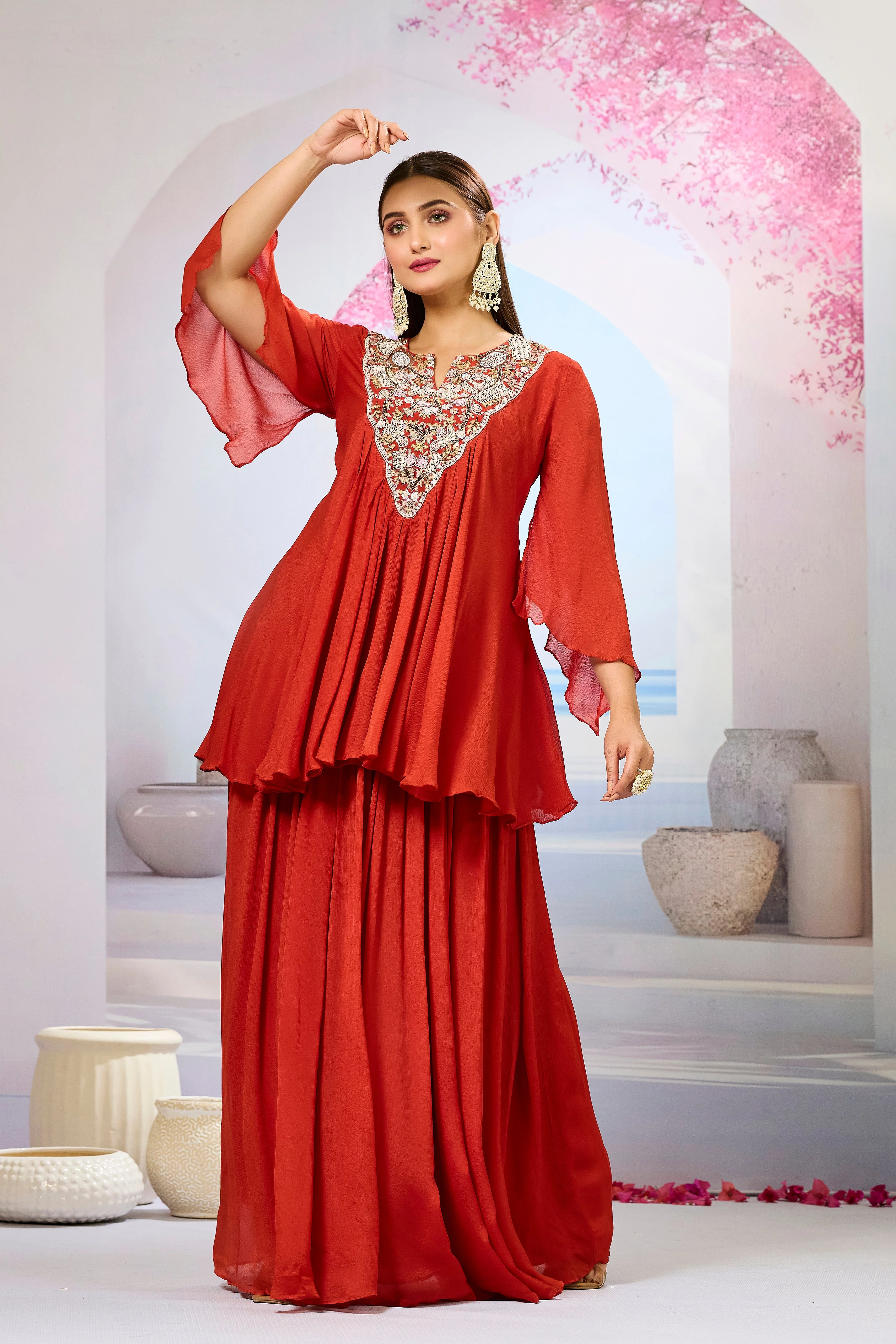 Maroon Embellished Chinon Silk Skirt Set - Image 3