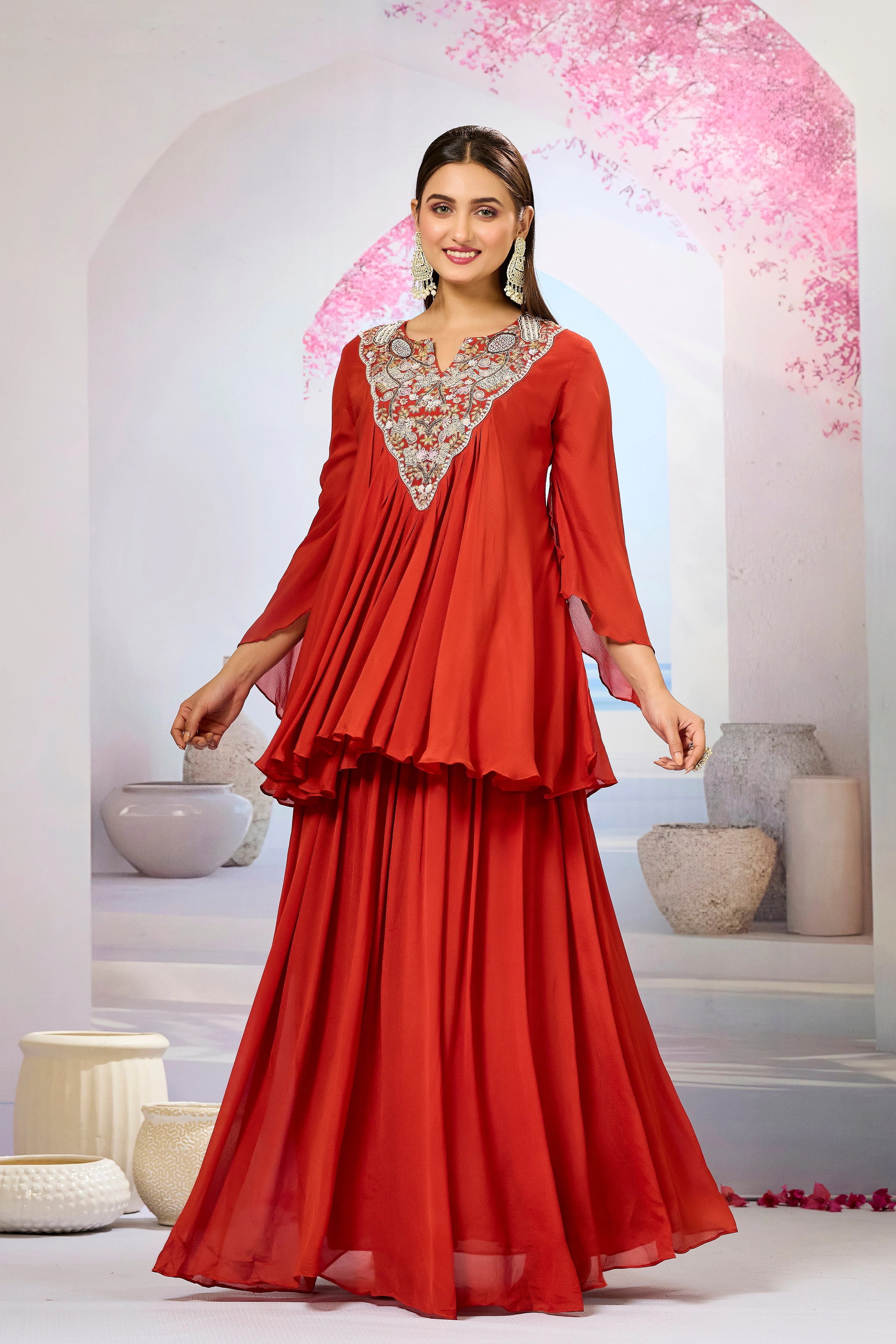 Maroon Embellished Chinon Silk Skirt Set - Image 4