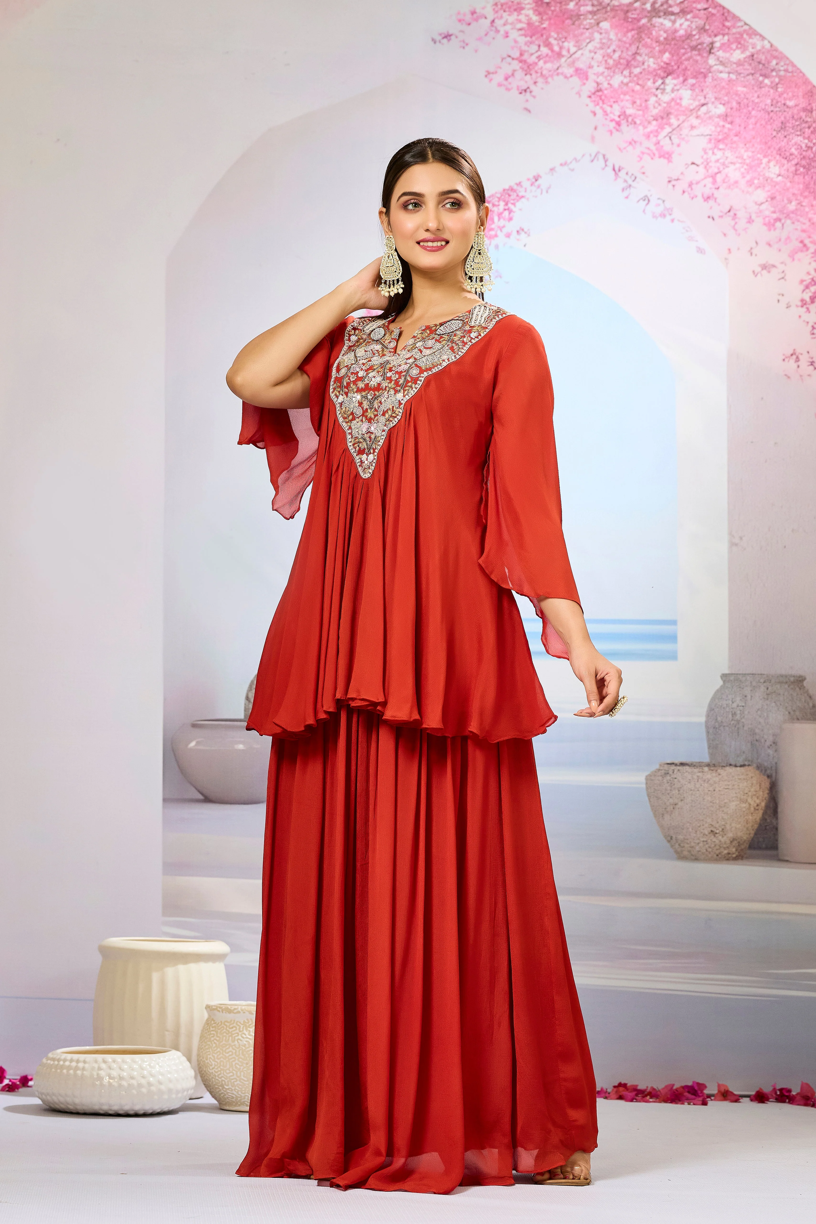 Maroon Embellished Chinon Silk Skirt Set - Image 5