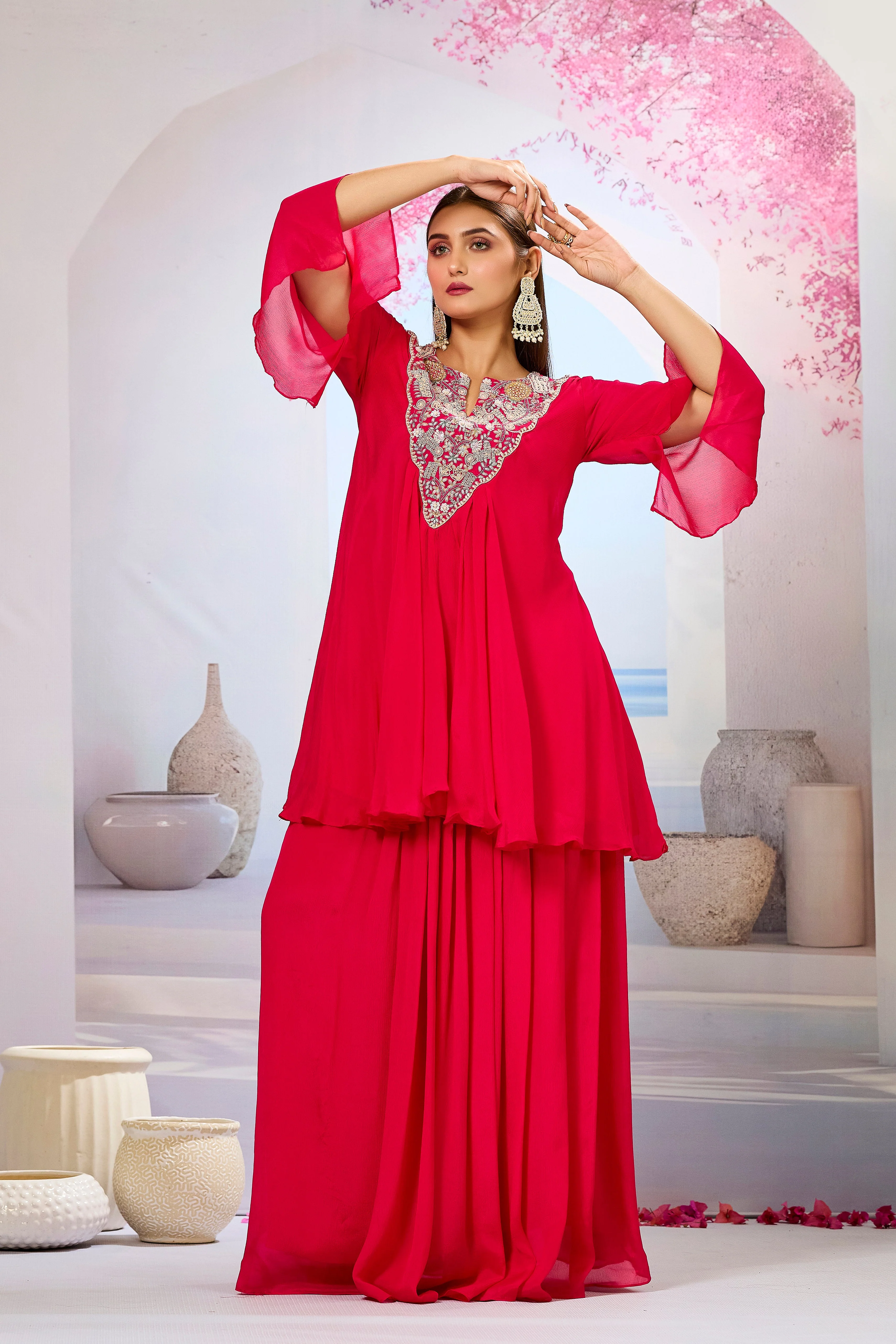 Red Embellished Chinon Silk Skirt Set - Image 3
