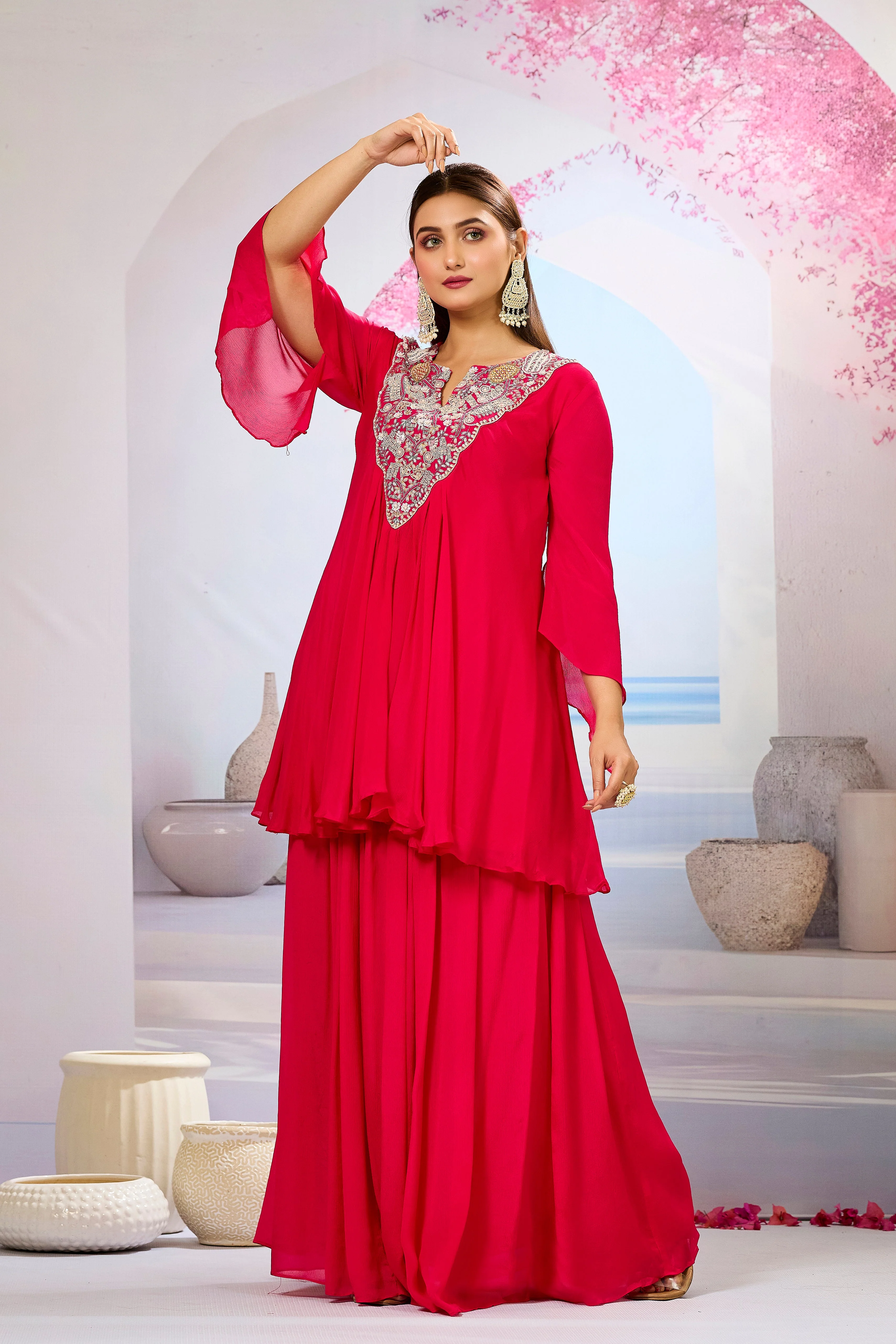 Red Embellished Chinon Silk Skirt Set - Image 4