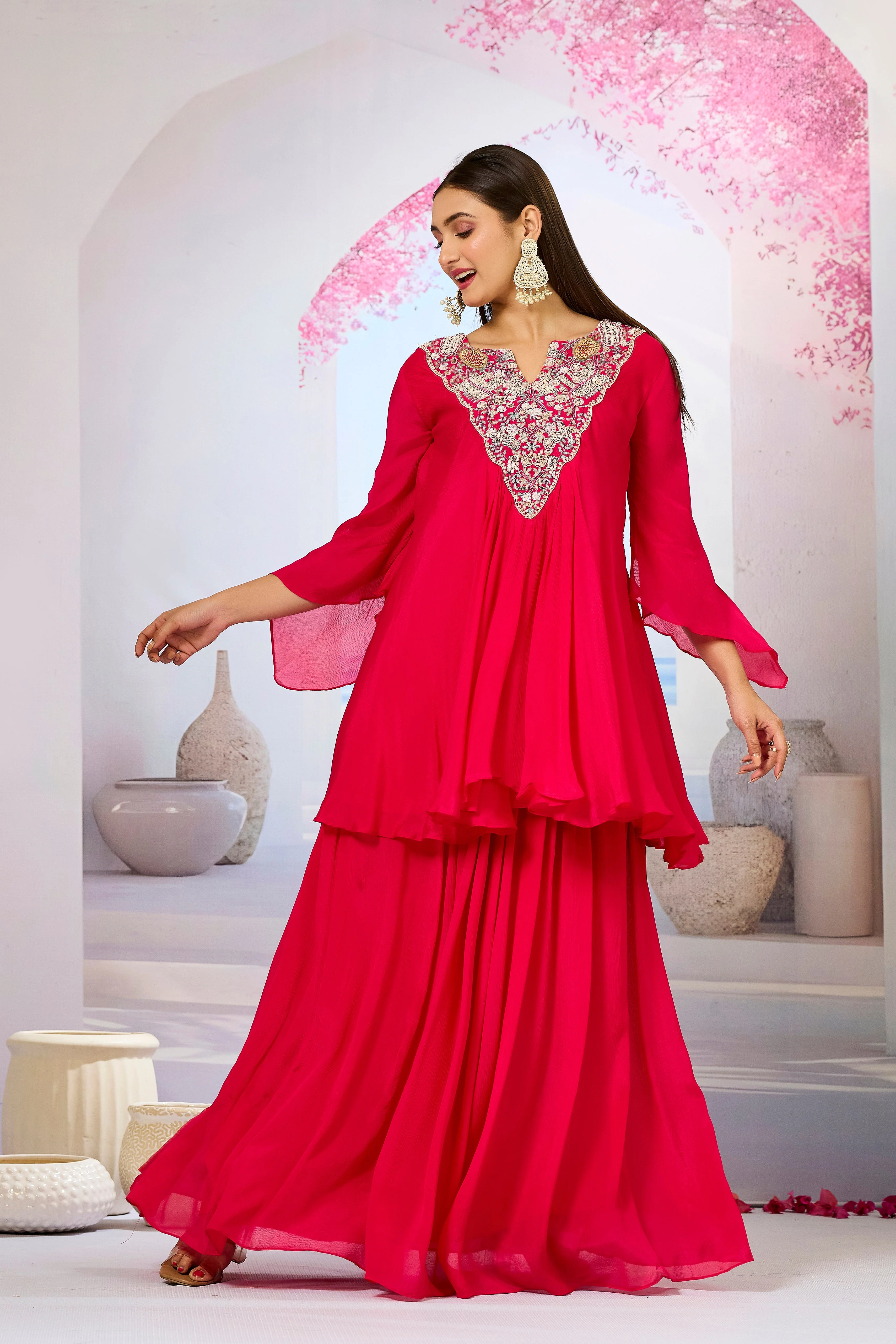 Red Embellished Chinon Silk Skirt Set - Image 5