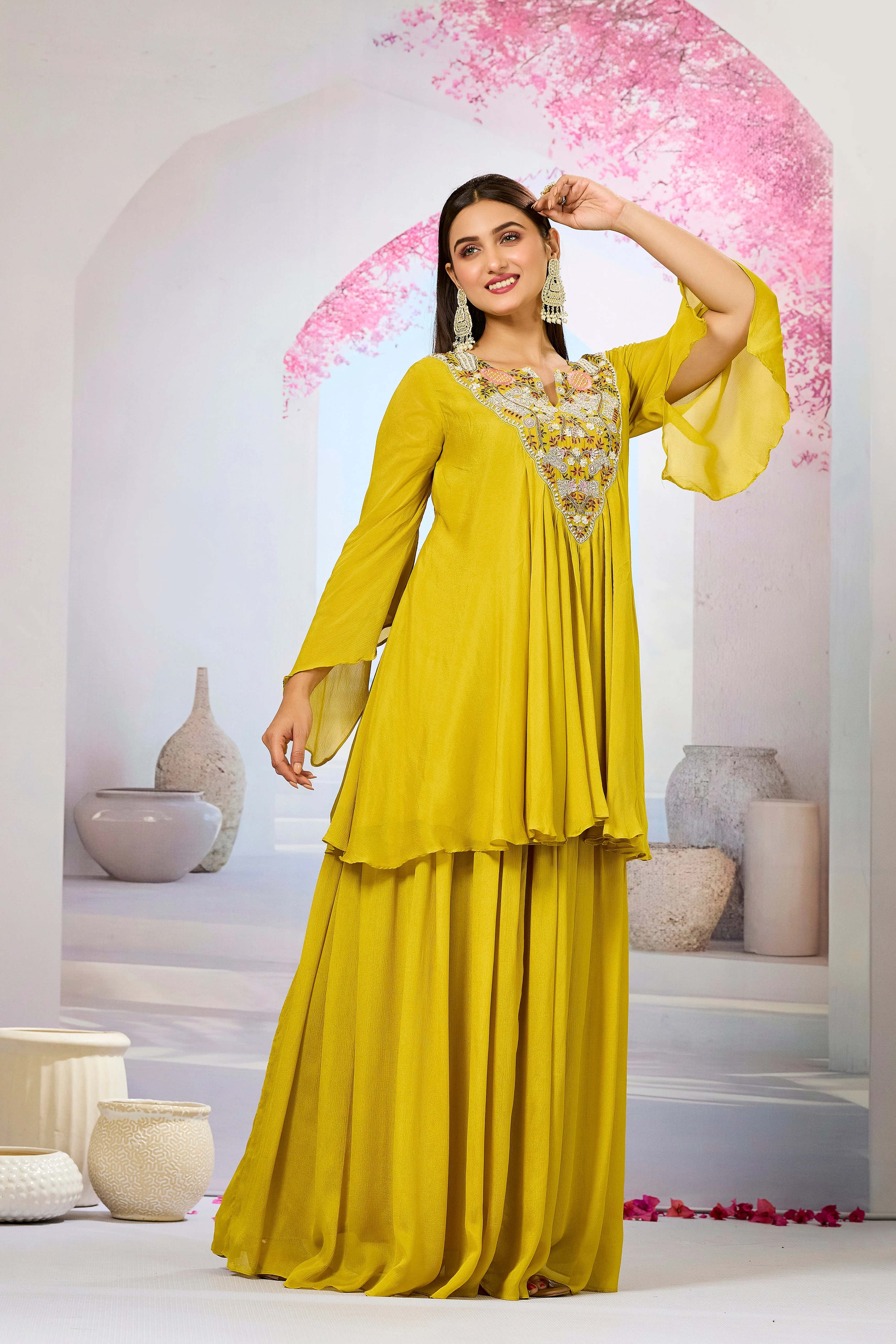 Mustard Embellished Chinon Silk Skirt Set - Image 3