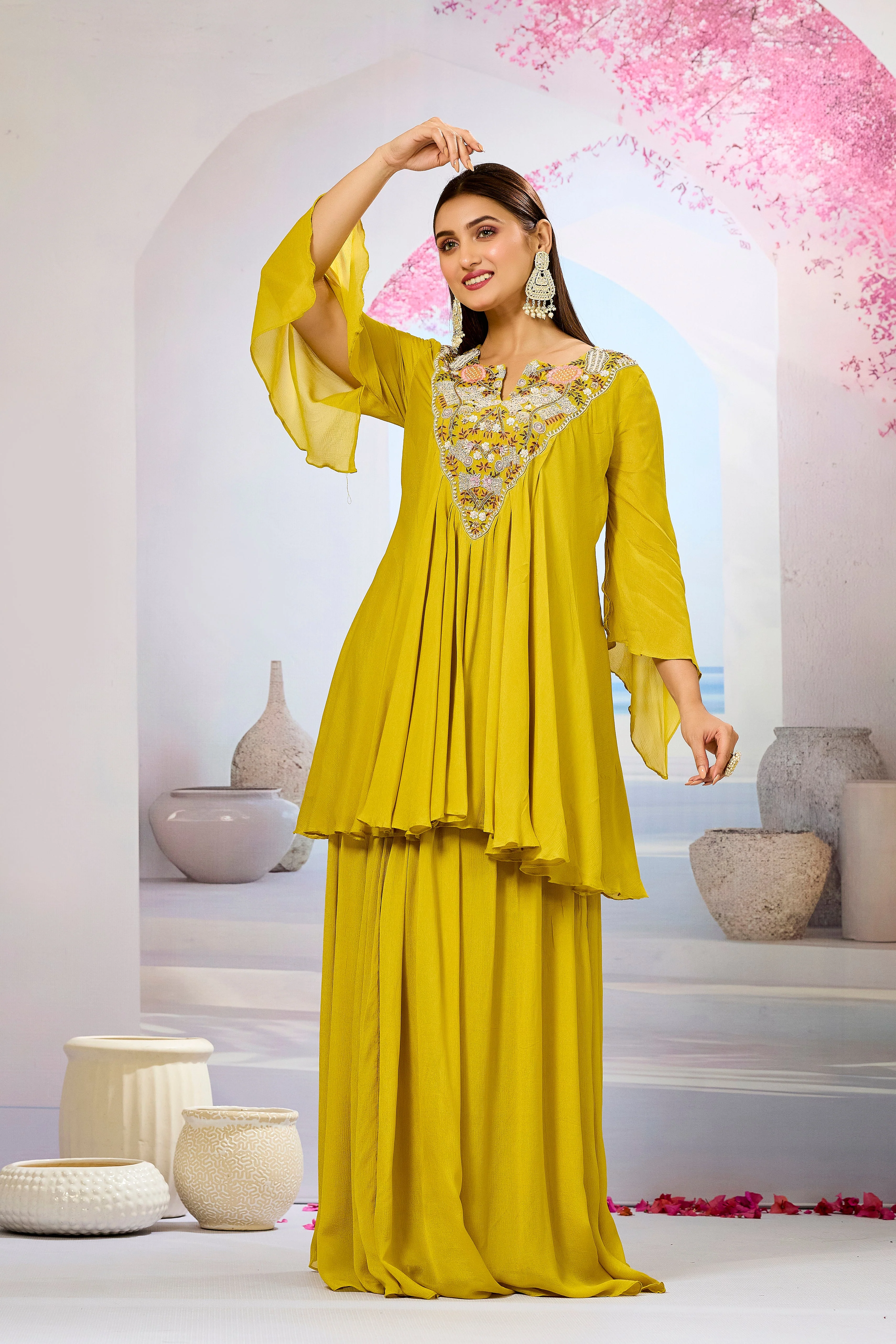 Mustard Embellished Chinon Silk Skirt Set - Image 4
