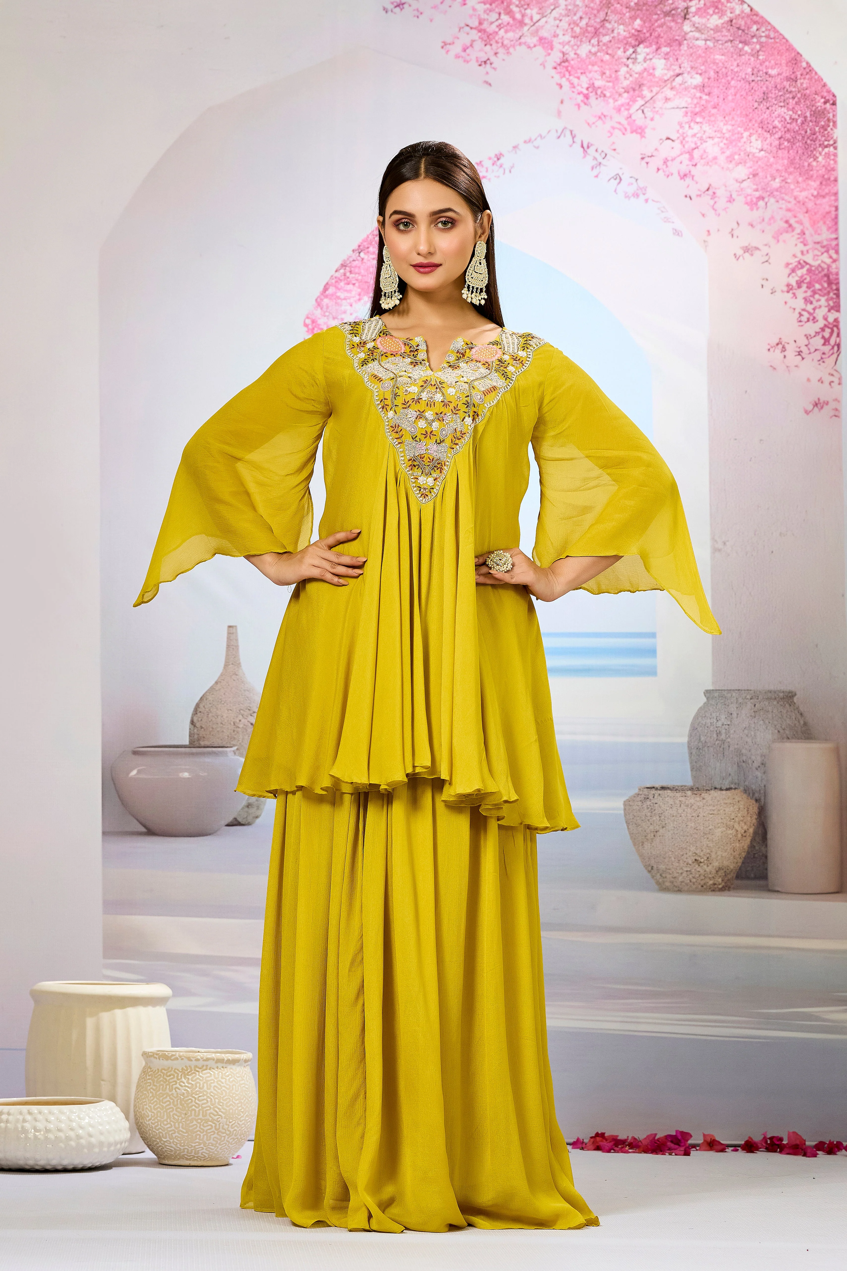 Mustard Embellished Chinon Silk Skirt Set - Image 5