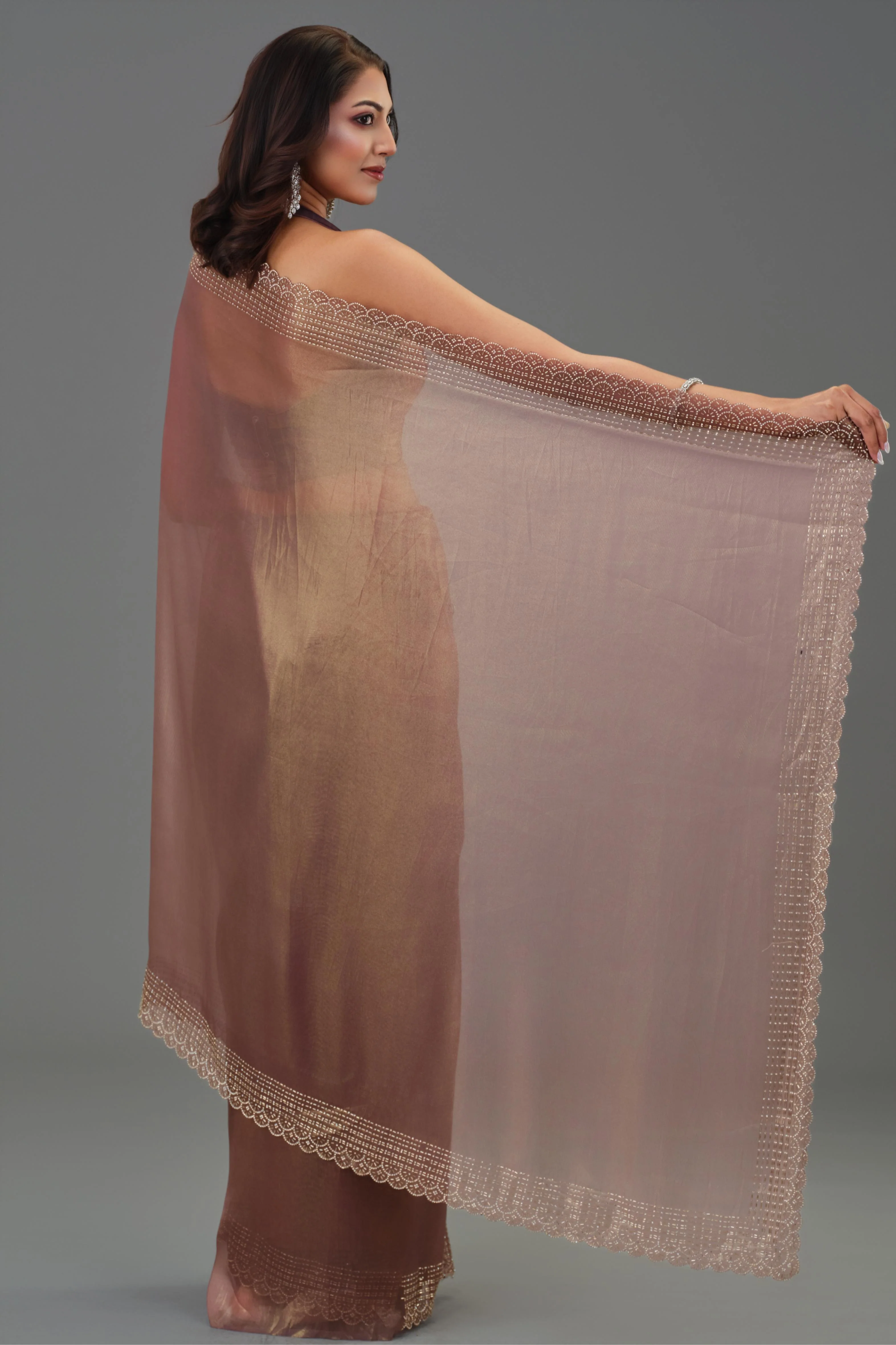 Metallic Brown Embellished Cosmo Tissue Silk Saree - Image 3