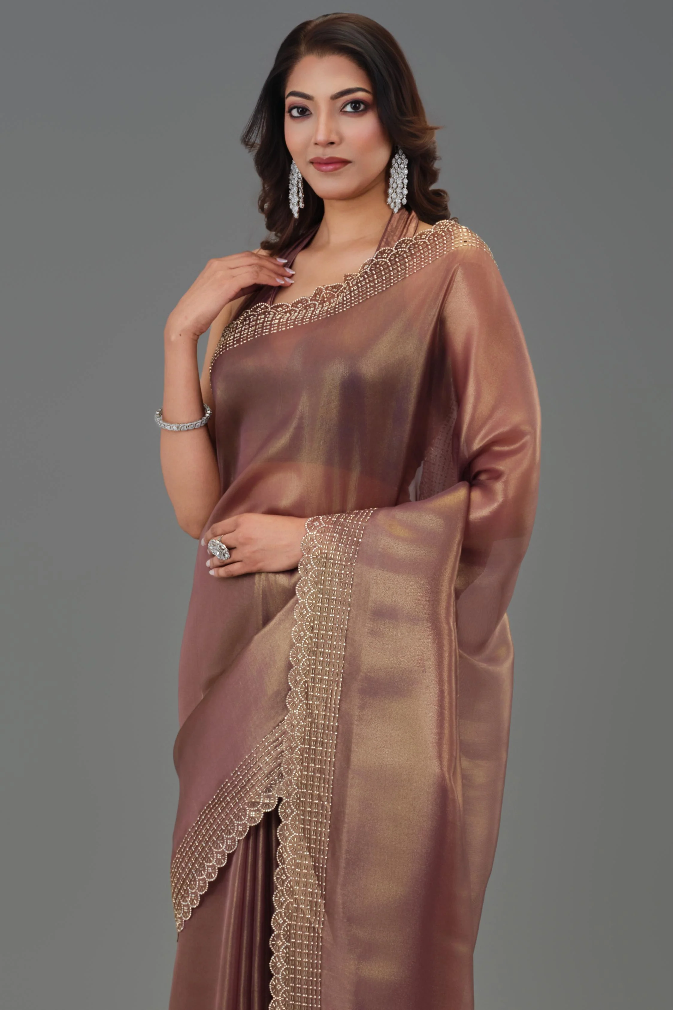 Metallic Brown Embellished Cosmo Tissue Silk Saree - Image 4