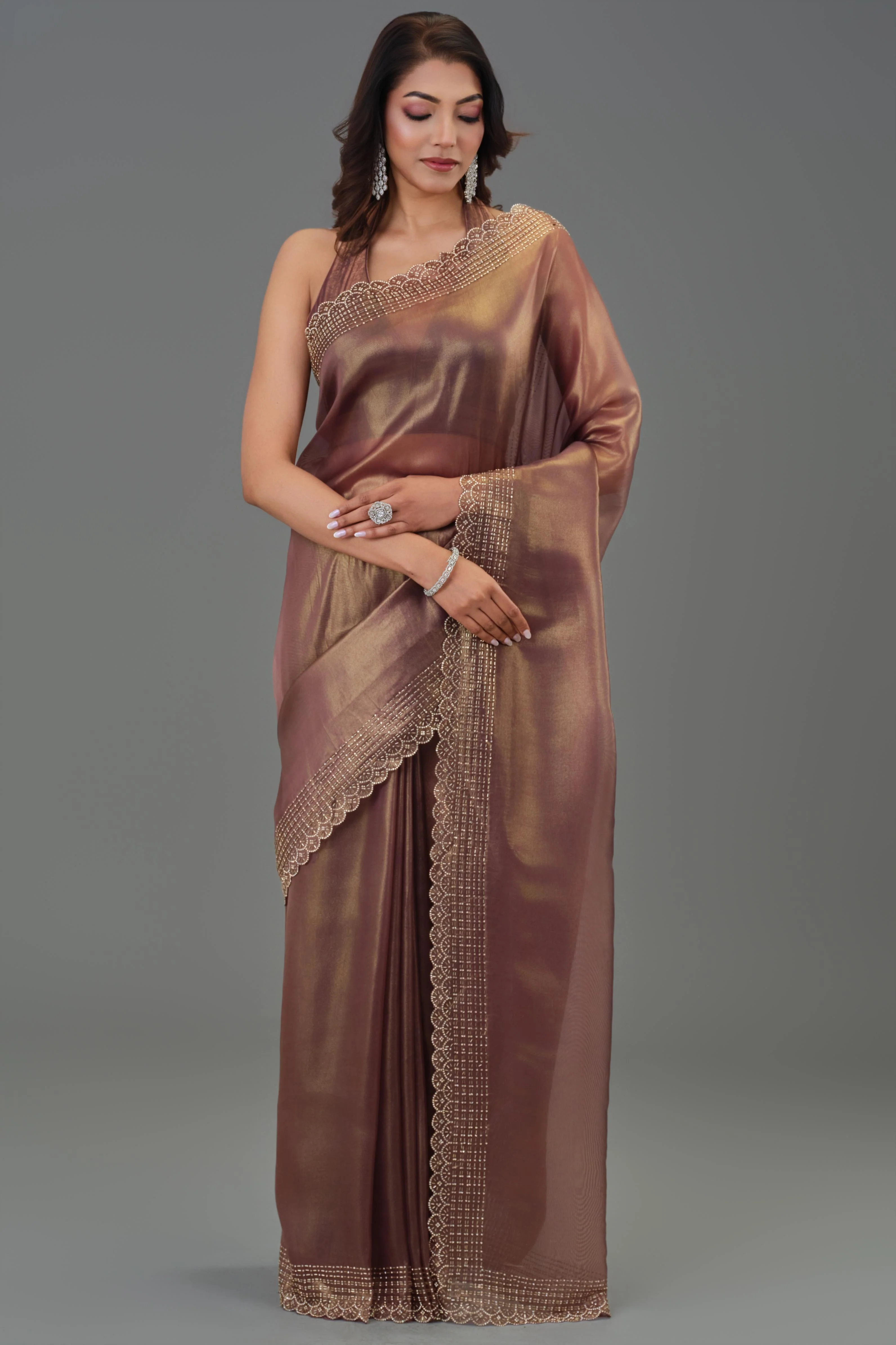 Metallic Brown Embellished Cosmo Tissue Silk Saree - Image 5
