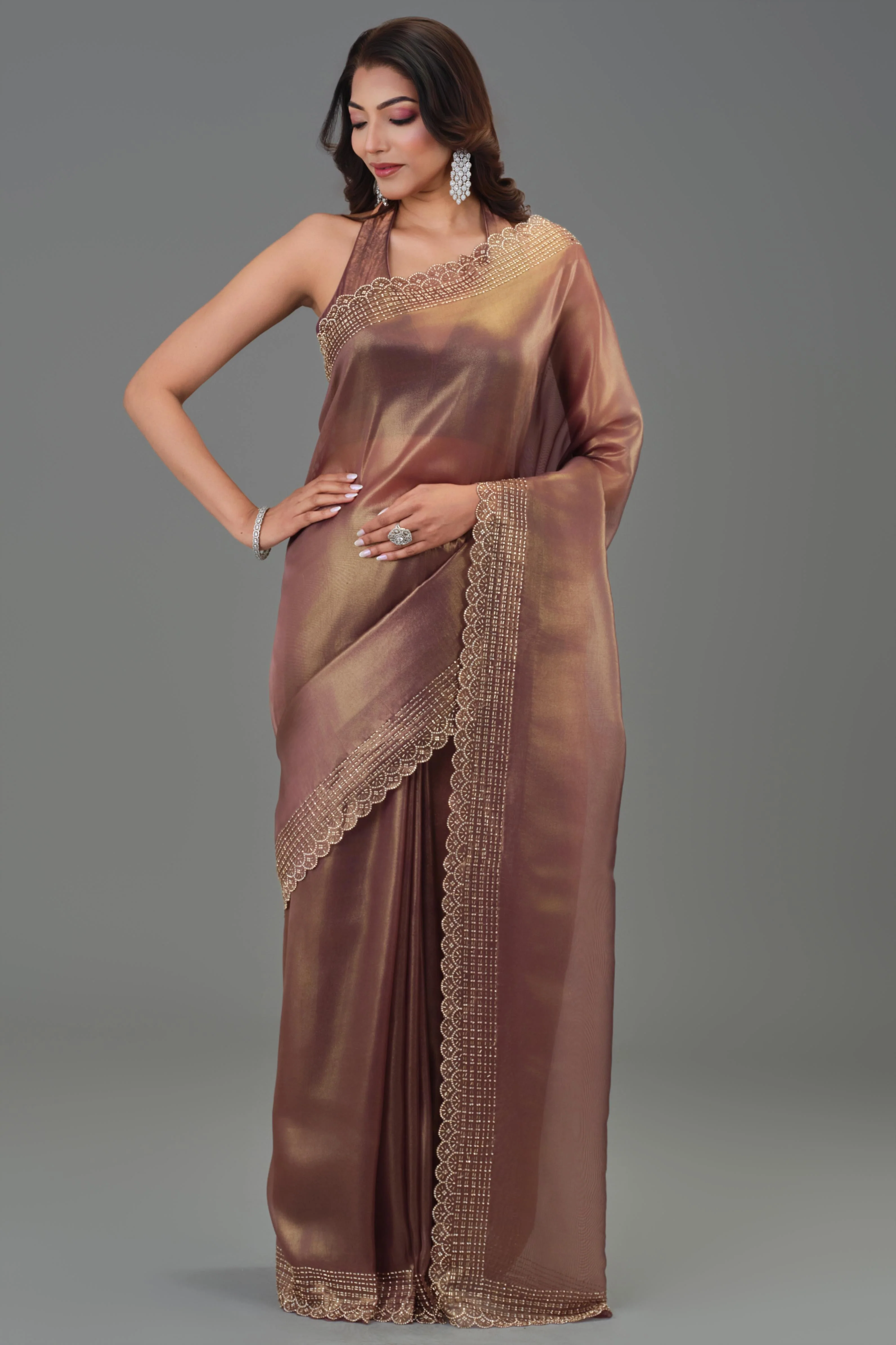 Metallic Brown Embellished Cosmo Tissue Silk Saree - Image 6