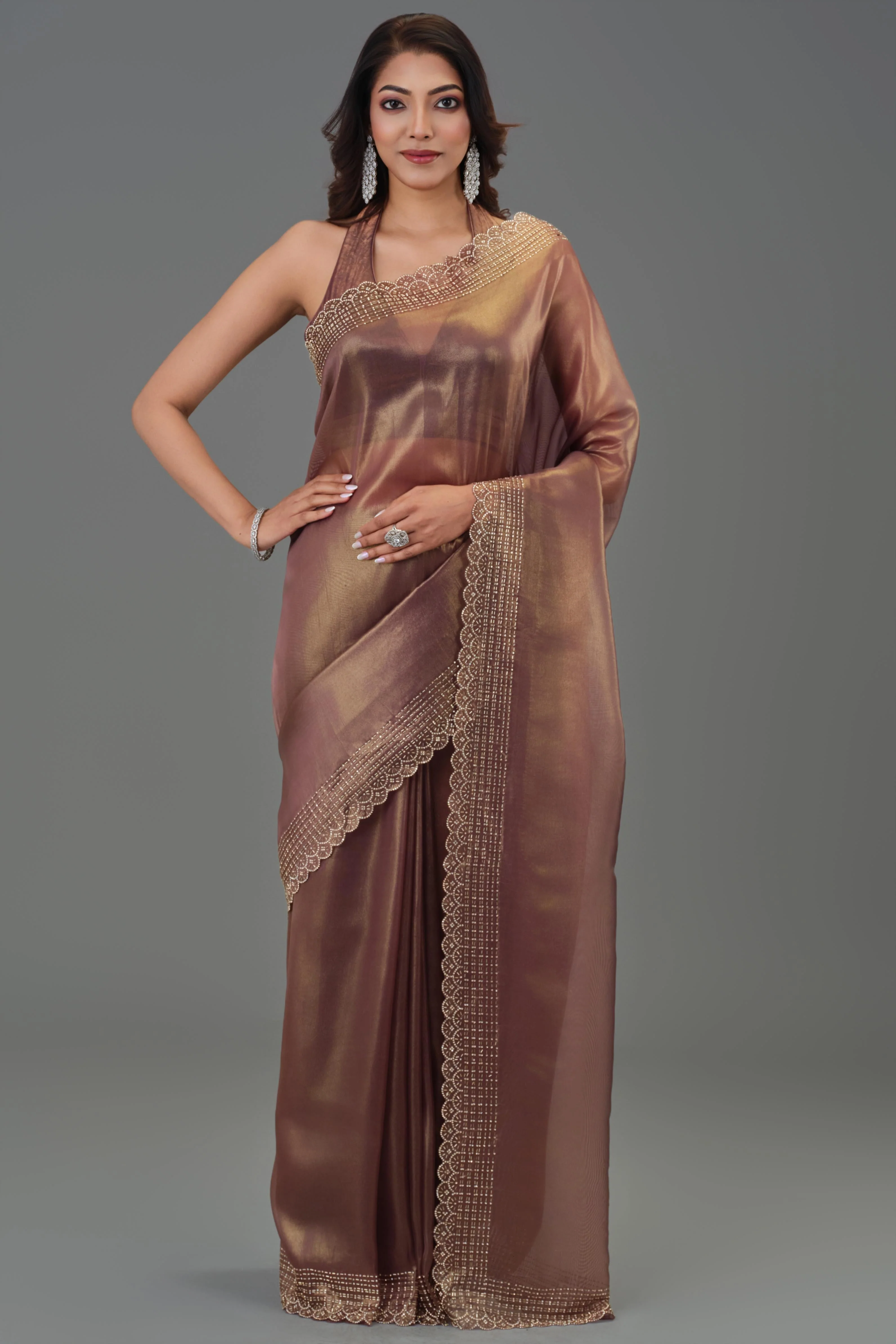 Metallic Brown Embellished Cosmo Tissue Silk Saree - Image 7