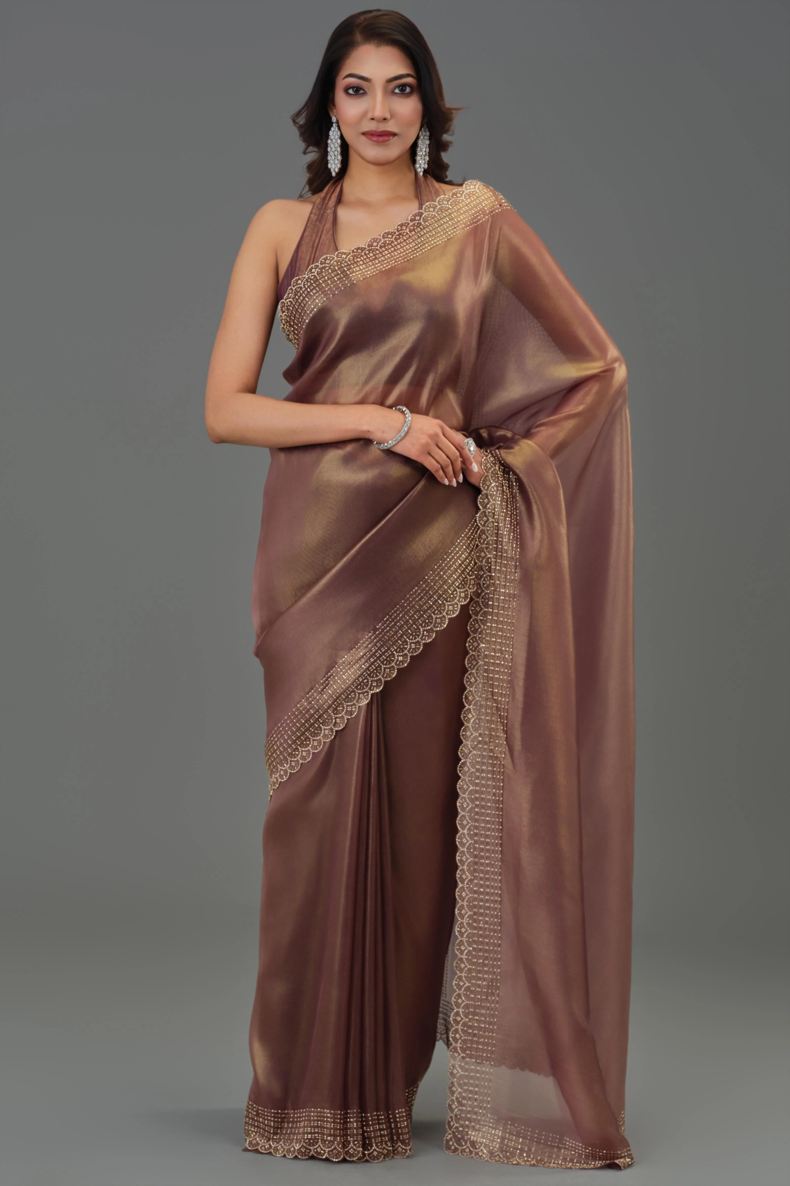 Metallic Brown Embellished Cosmo Tissue Silk Saree - Image 8
