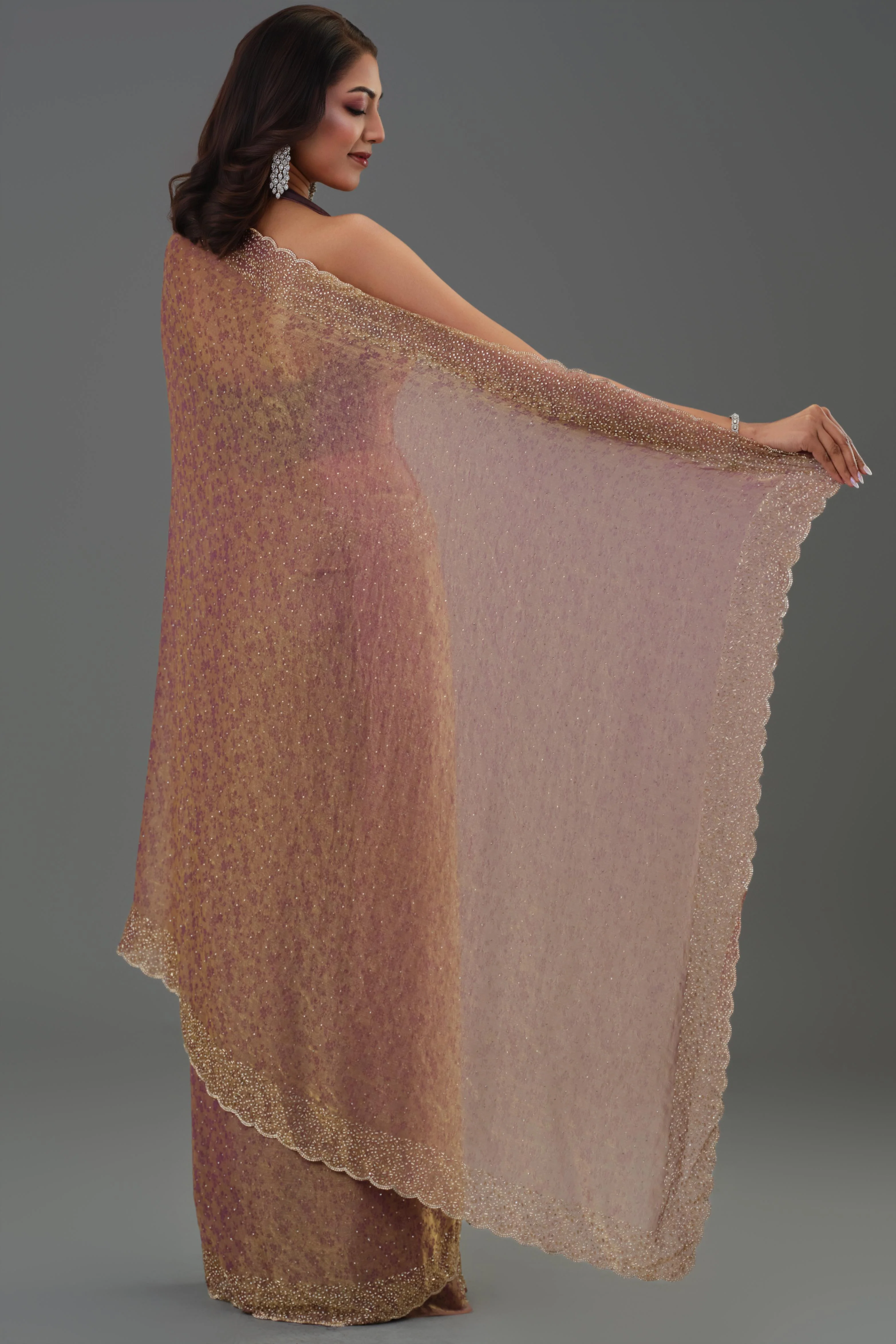 Rose Gold Embellished Cosmo Tissue Silk Saree - Image 3