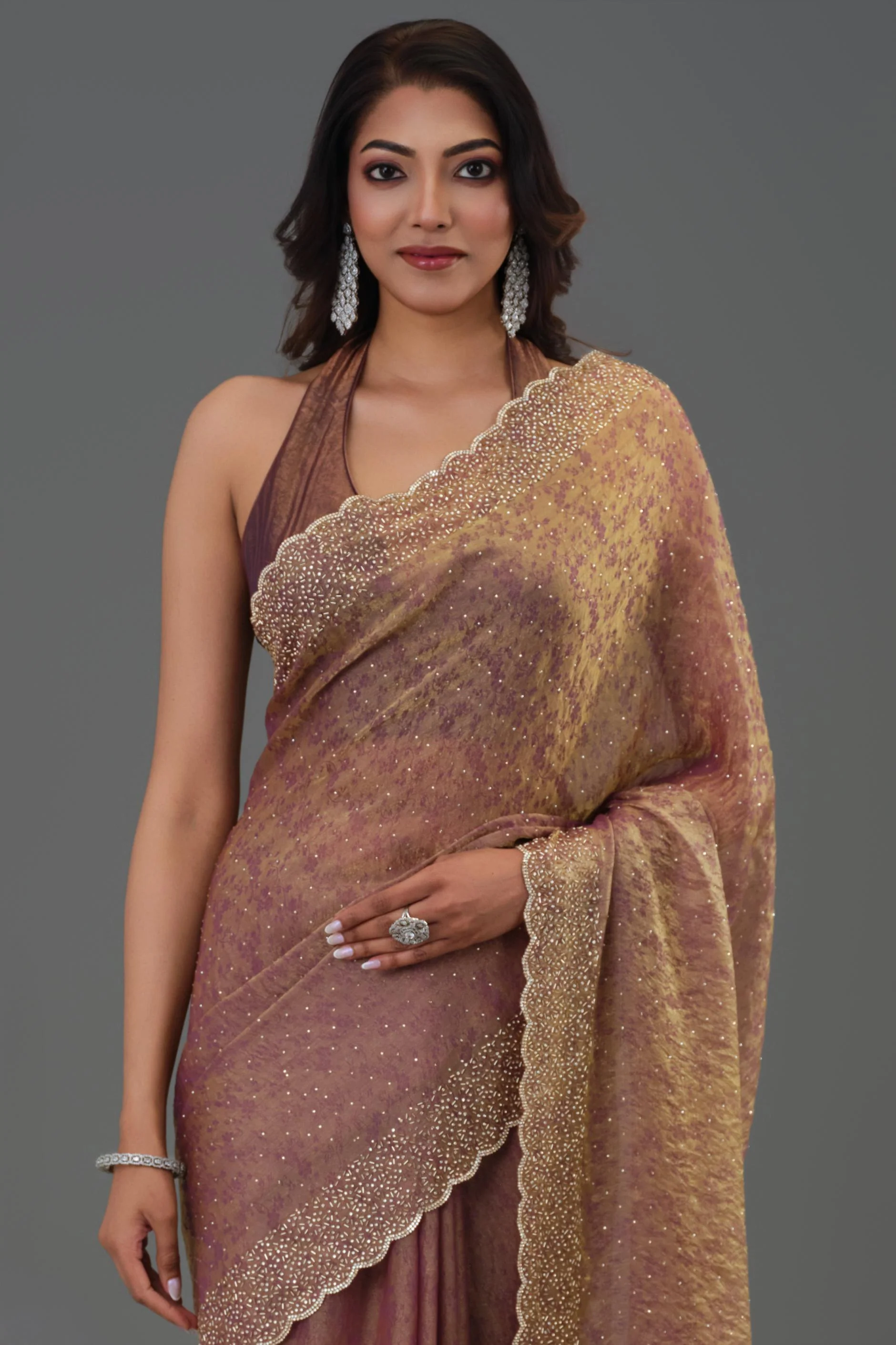 Rose Gold Embellished Cosmo Tissue Silk Saree - Image 4