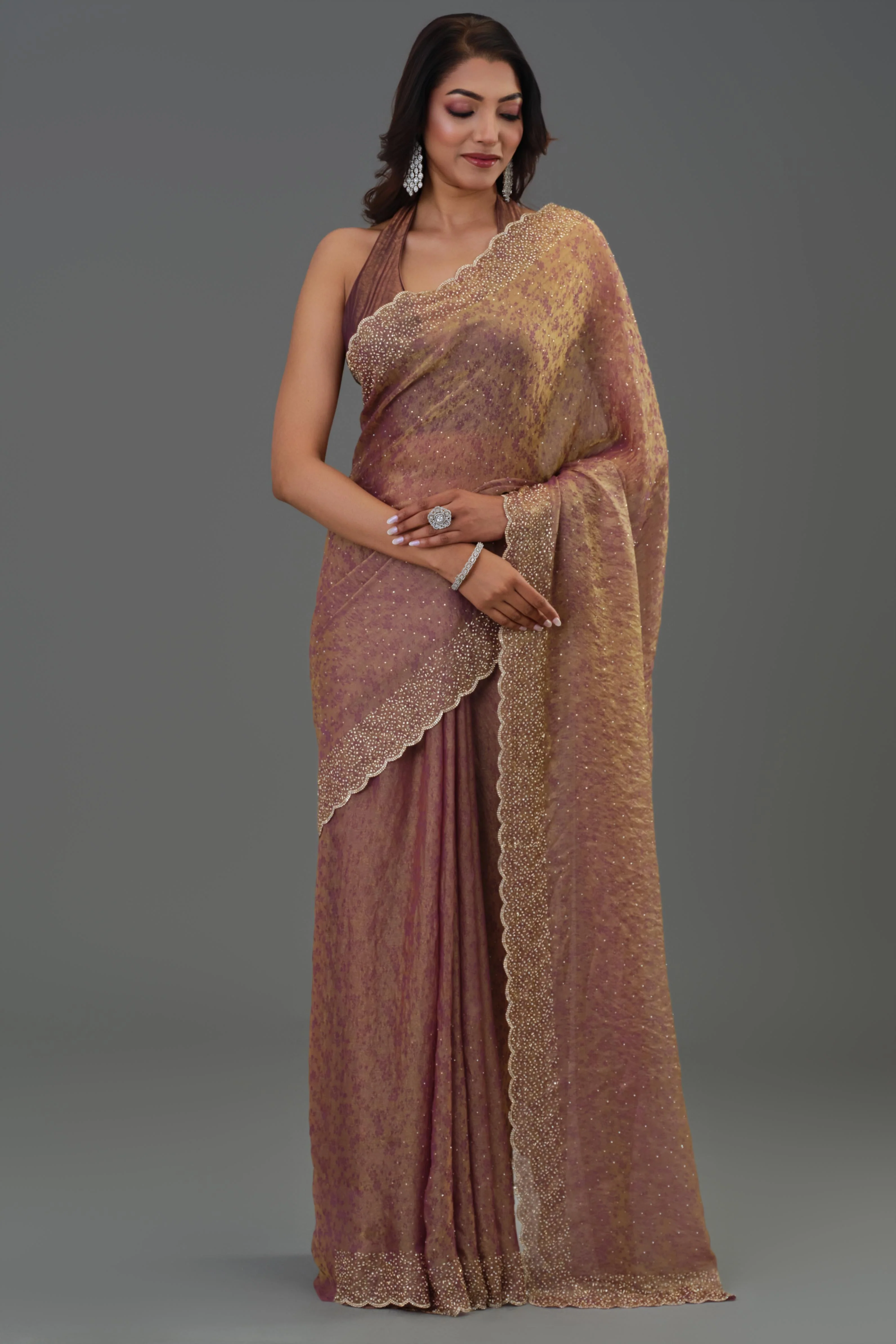 Rose Gold Embellished Cosmo Tissue Silk Saree - Image 5