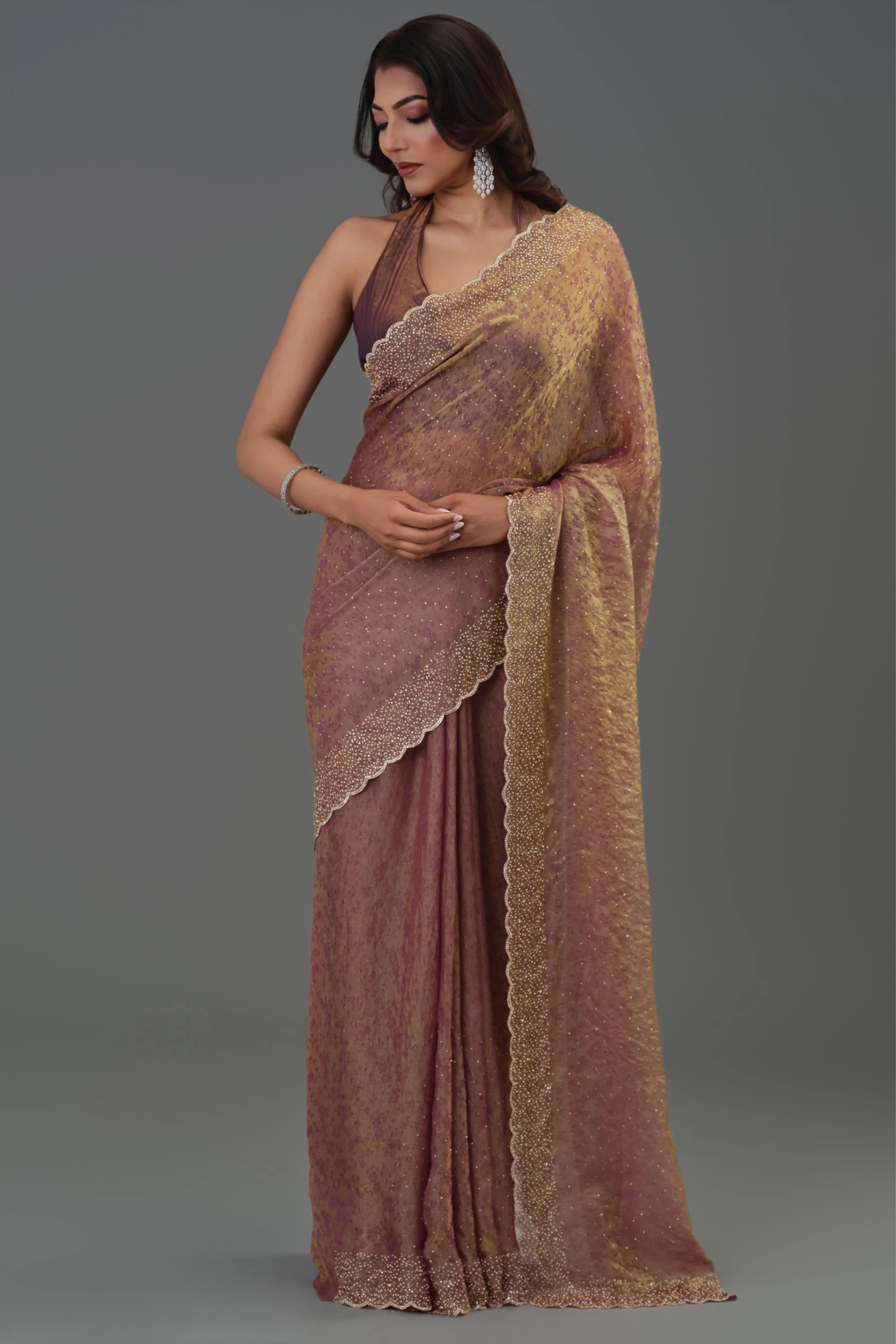 Rose Gold Embellished Cosmo Tissue Silk Saree - Image 6