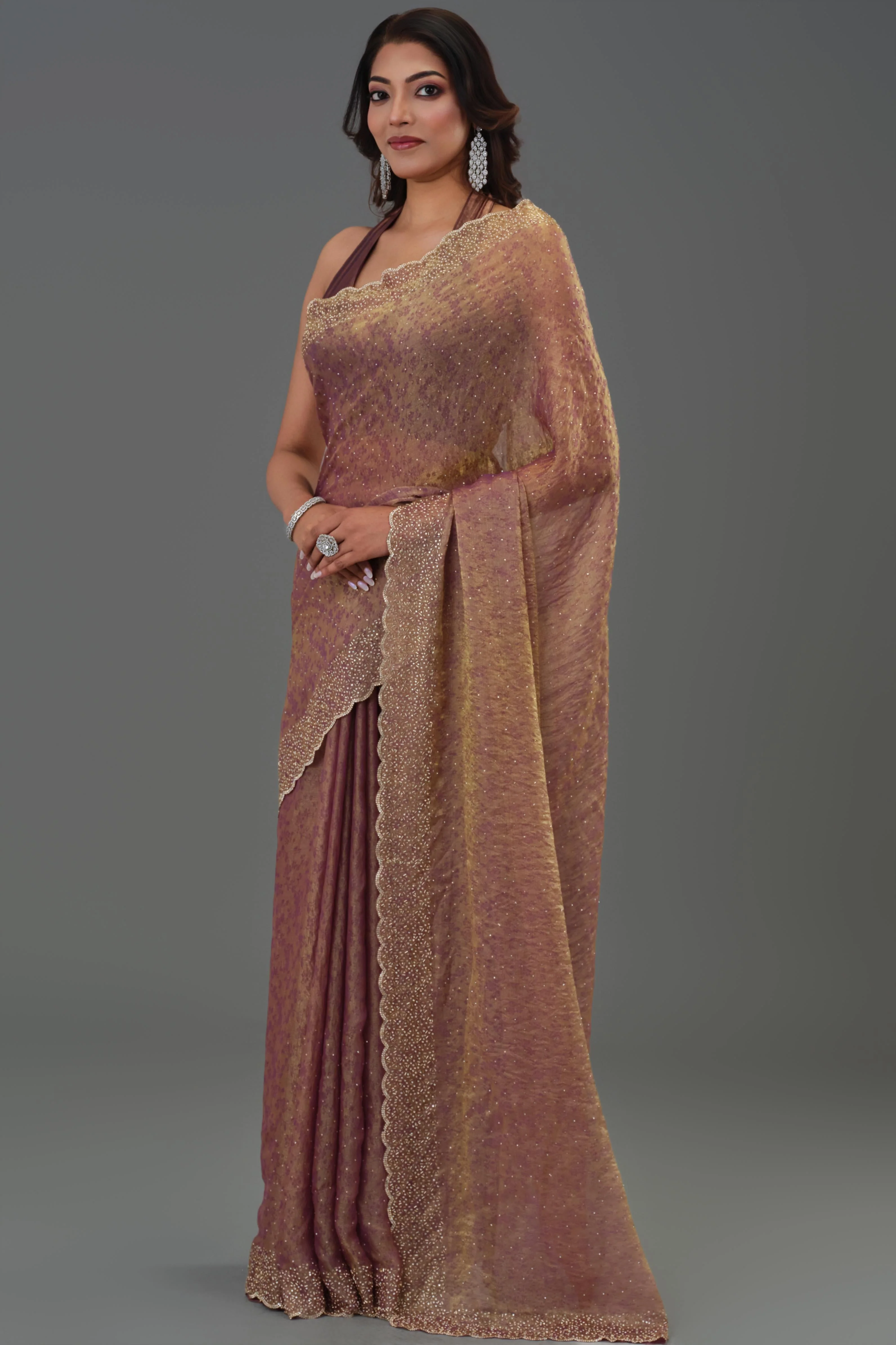 Rose Gold Embellished Cosmo Tissue Silk Saree - Image 7