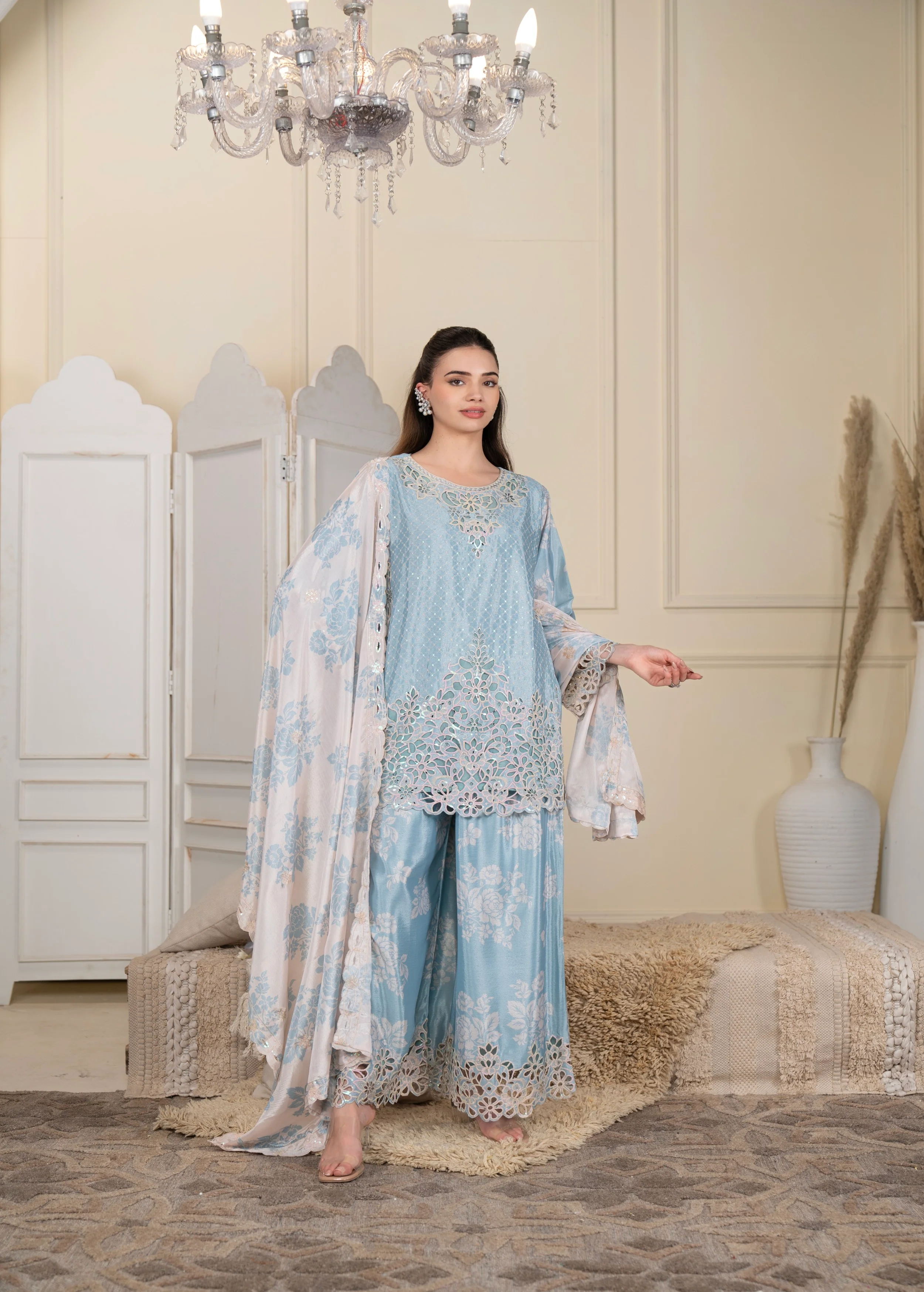 Ice Blue Embellished Crepe Silk Palazzo Set - Image 2