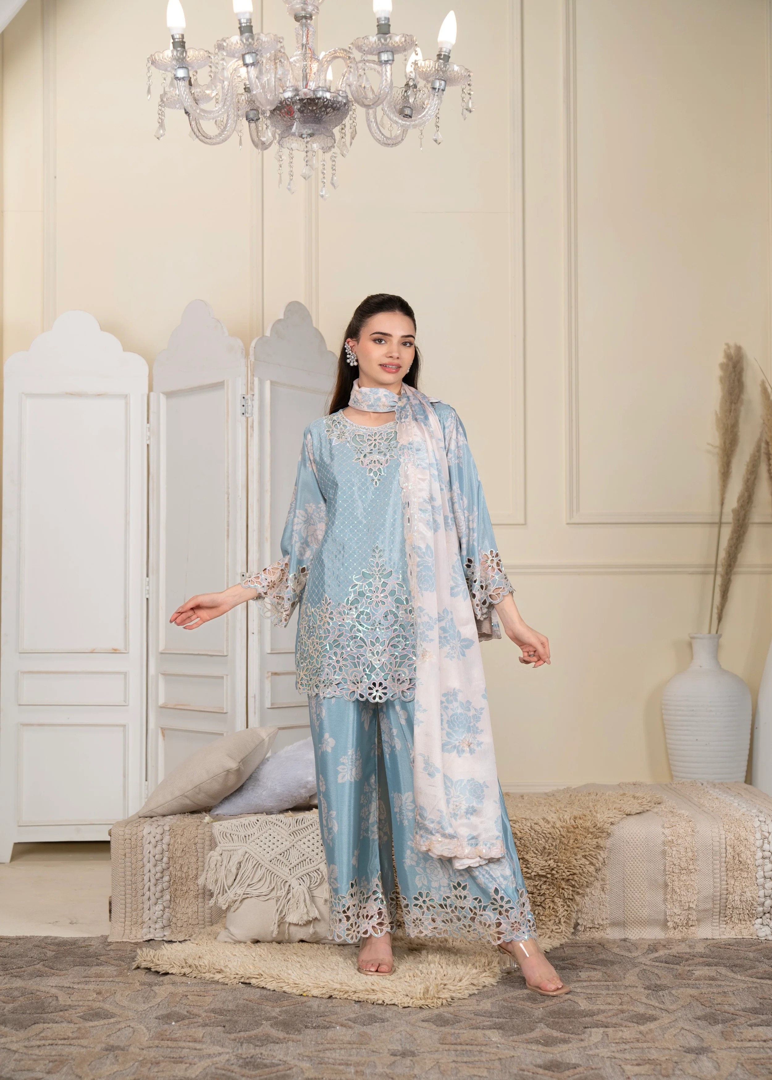 Ice Blue Embellished Crepe Silk Palazzo Set - Image 3