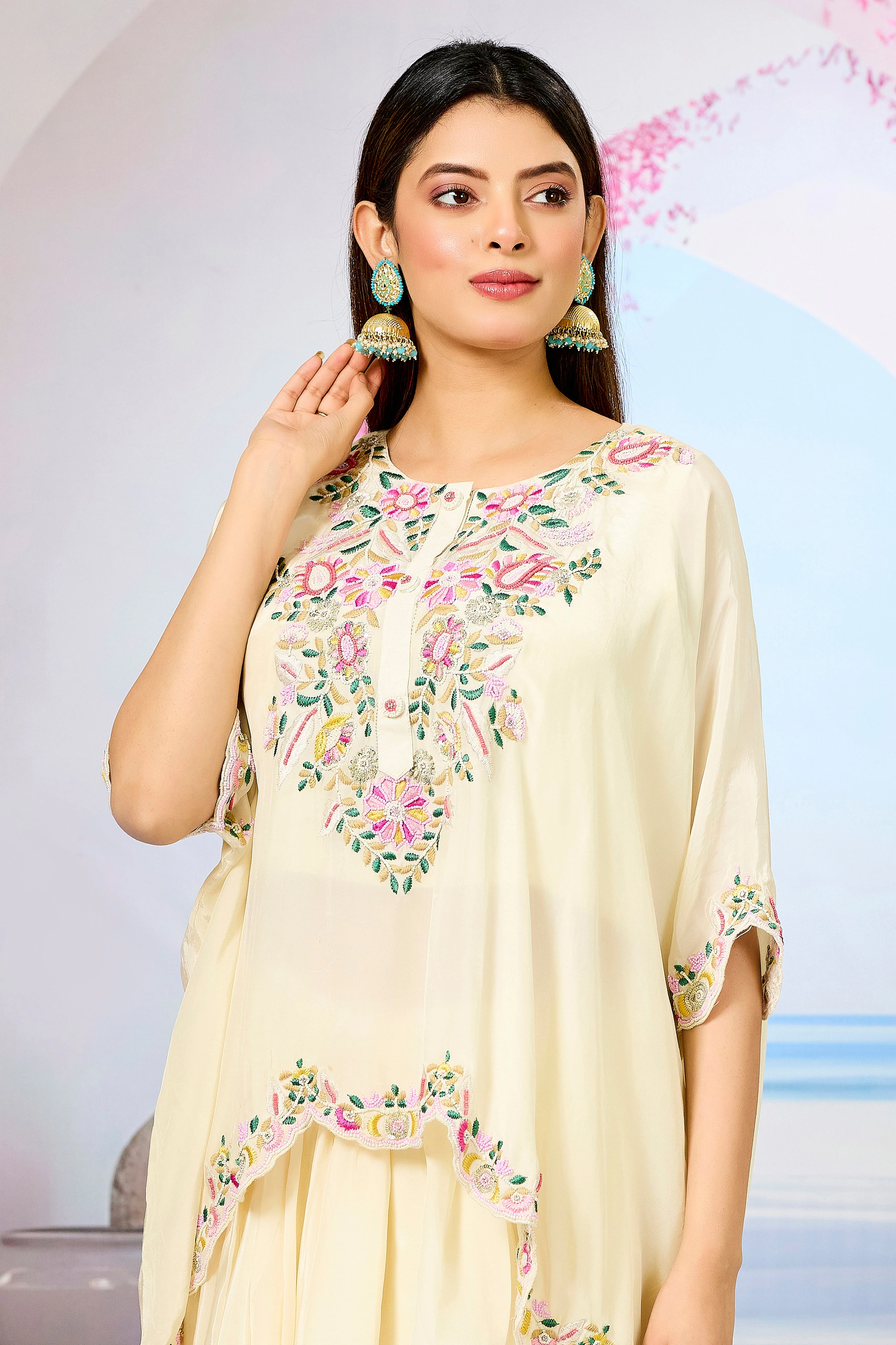 Cream Embellished Crepe Silk Skirt Set - Image 2
