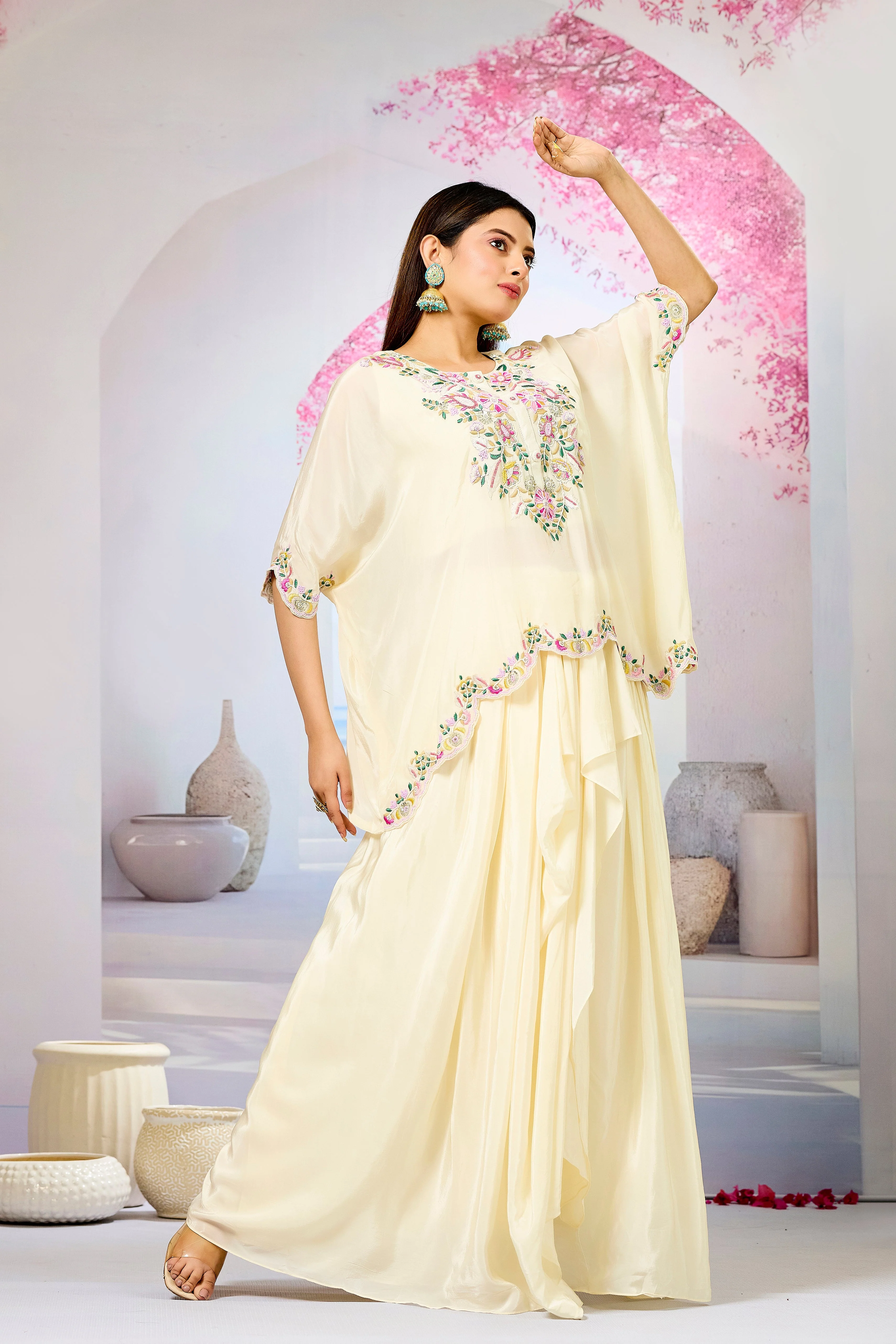 Cream Embellished Crepe Silk Skirt Set - Image 3