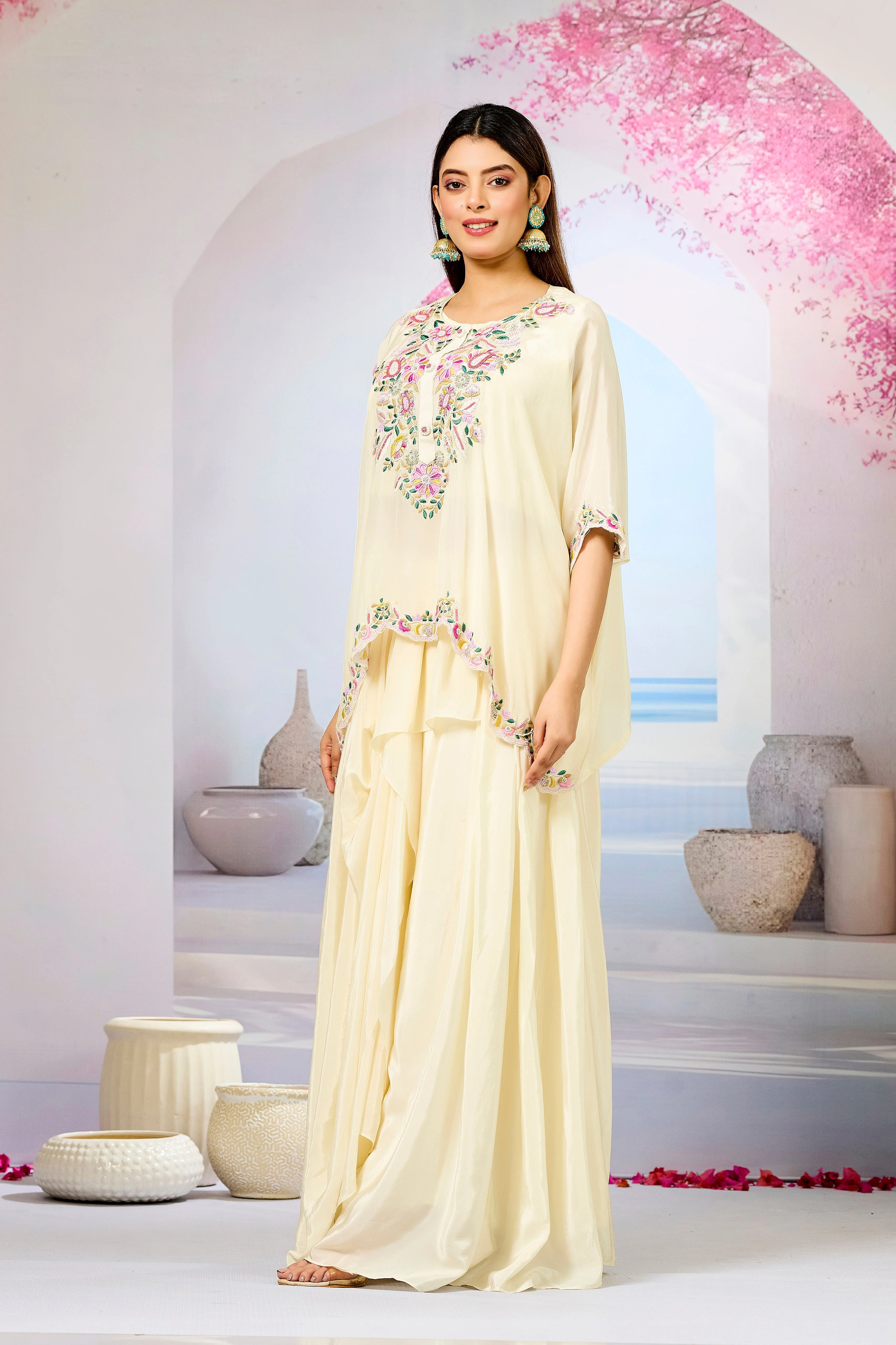 Cream Embellished Crepe Silk Skirt Set - Image 4