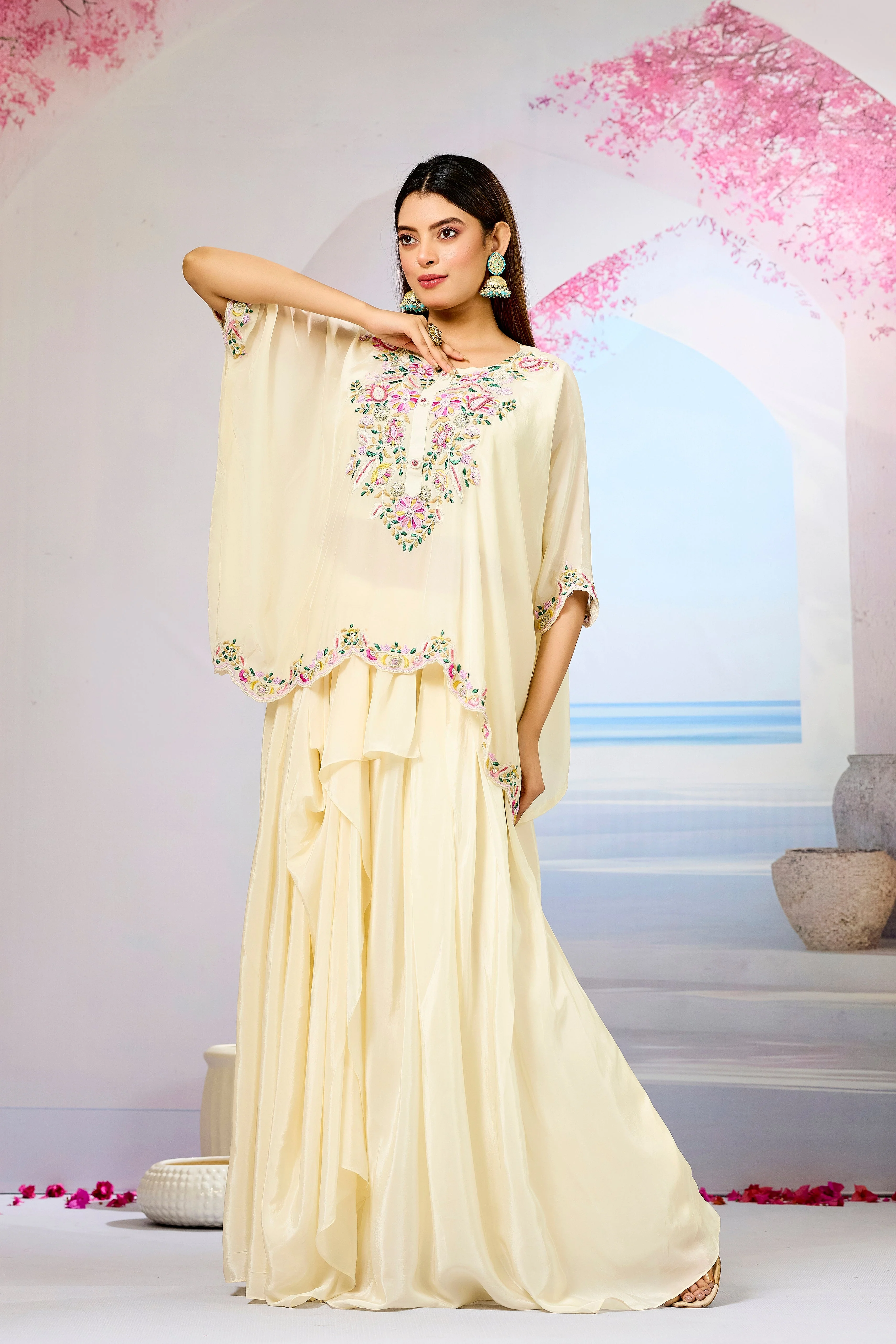 Cream Embellished Crepe Silk Skirt Set - Image 5