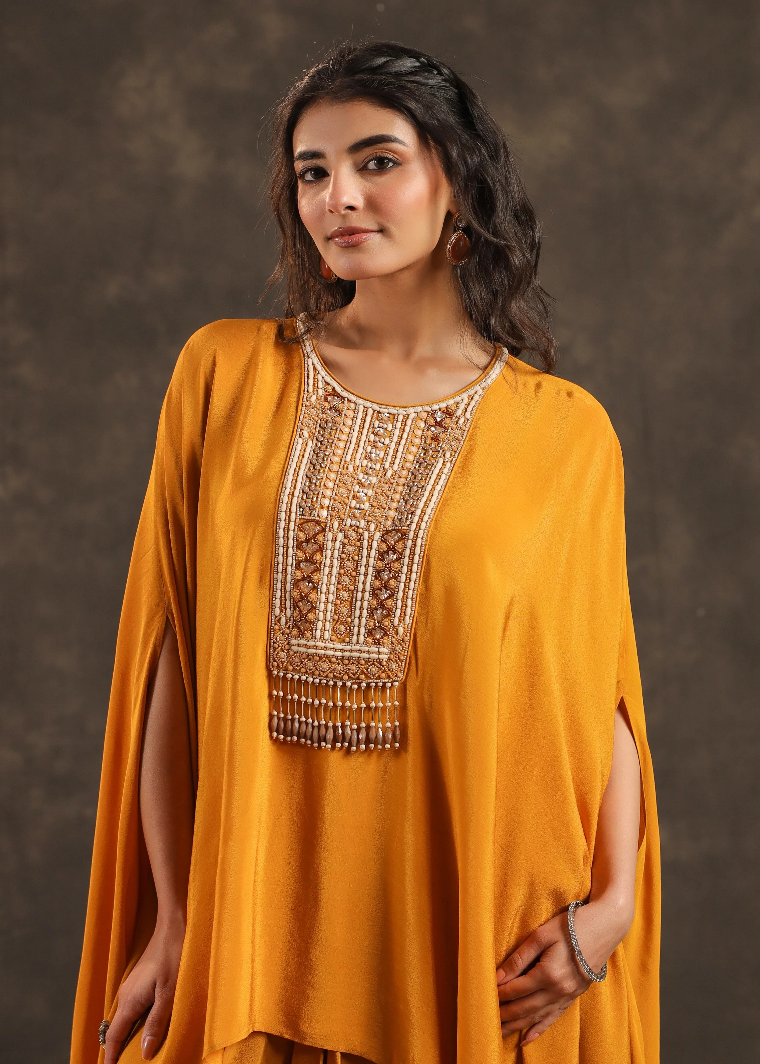 Saffron Embellished Crepe Silk Kaftan Set - Image 2