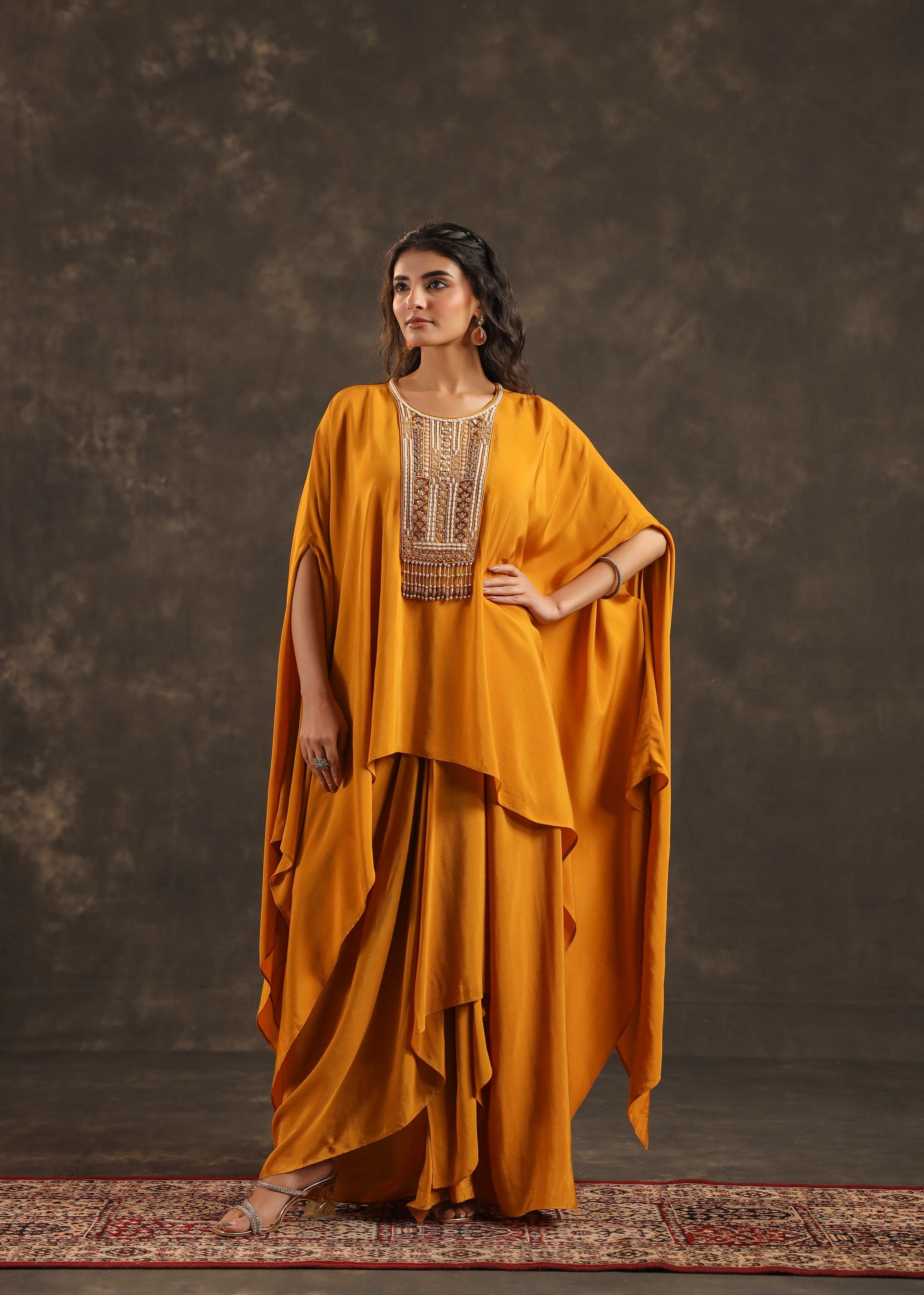 Saffron Embellished Crepe Silk Kaftan Set - Image 3
