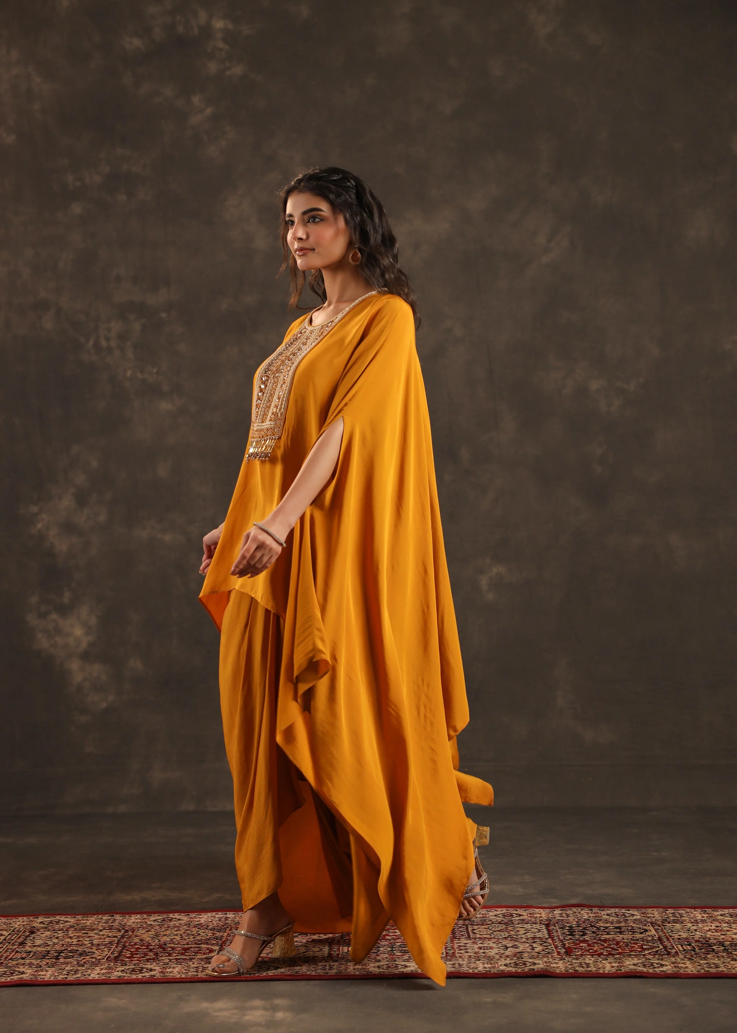 Saffron Embellished Crepe Silk Kaftan Set - Image 4