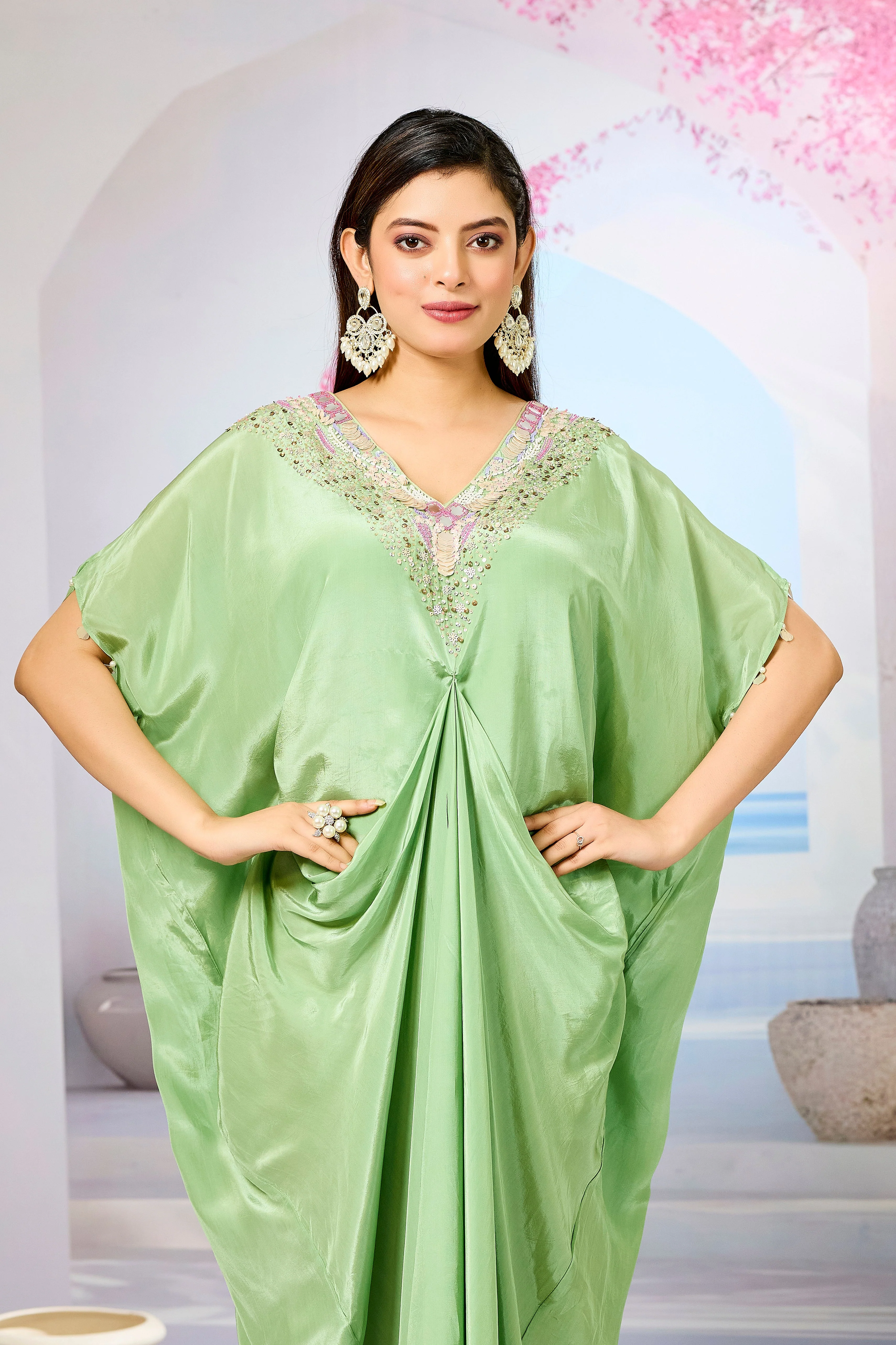 Green Embellished Crepe Silk Cowl Gown - Image 2