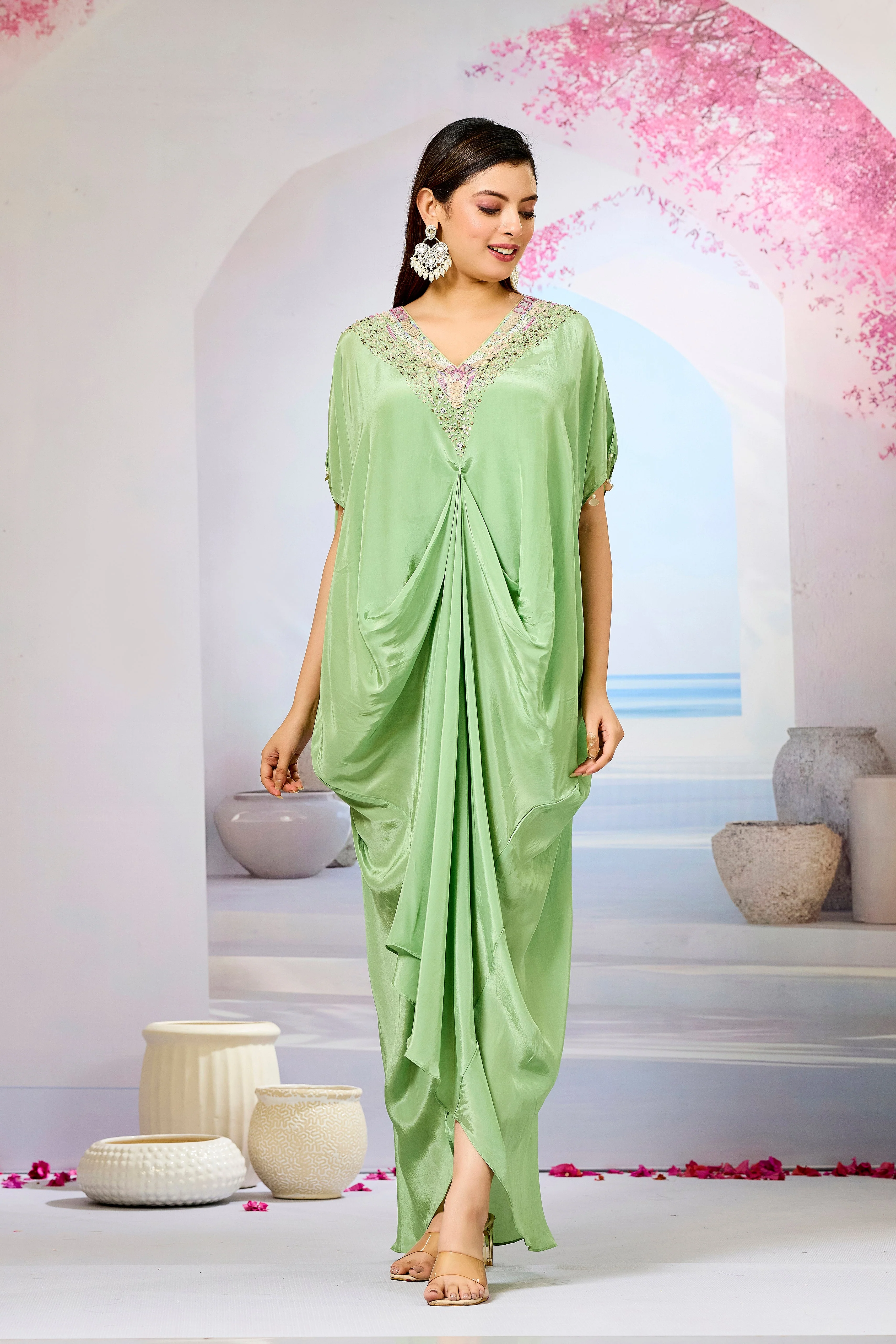 Green Embellished Crepe Silk Cowl Gown - Image 3