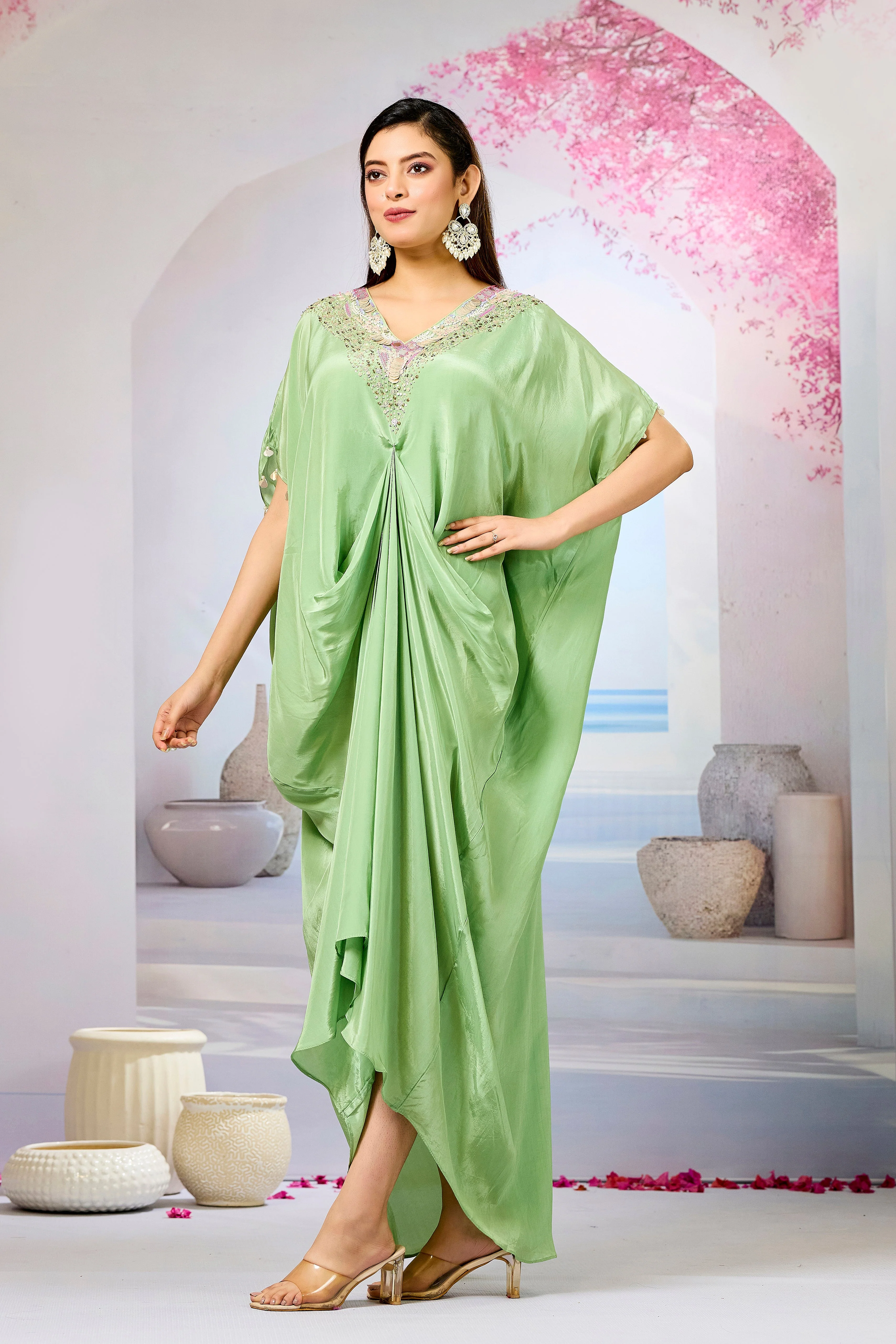 Green Embellished Crepe Silk Cowl Gown - Image 4