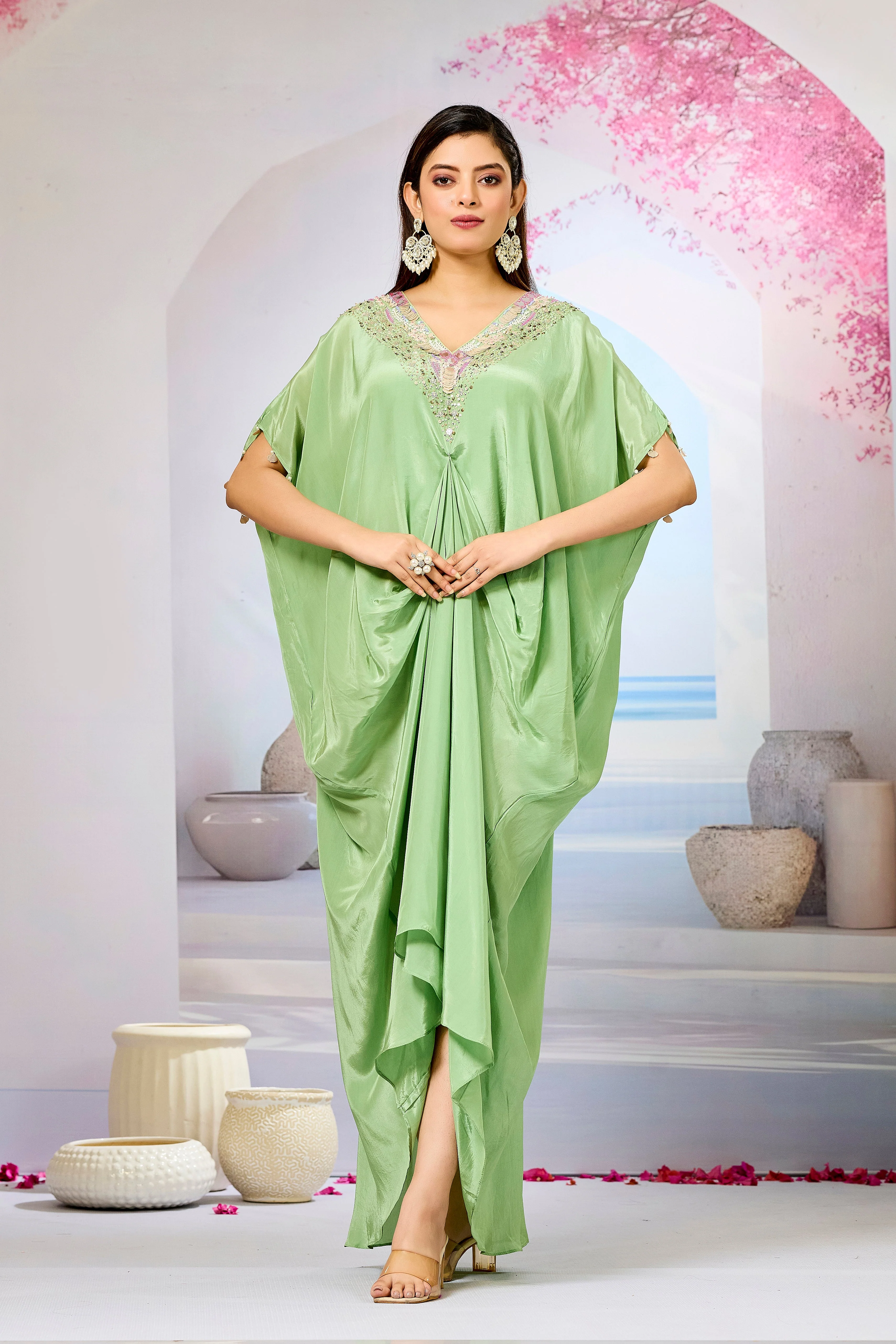 Green Embellished Crepe Silk Cowl Gown - Image 5