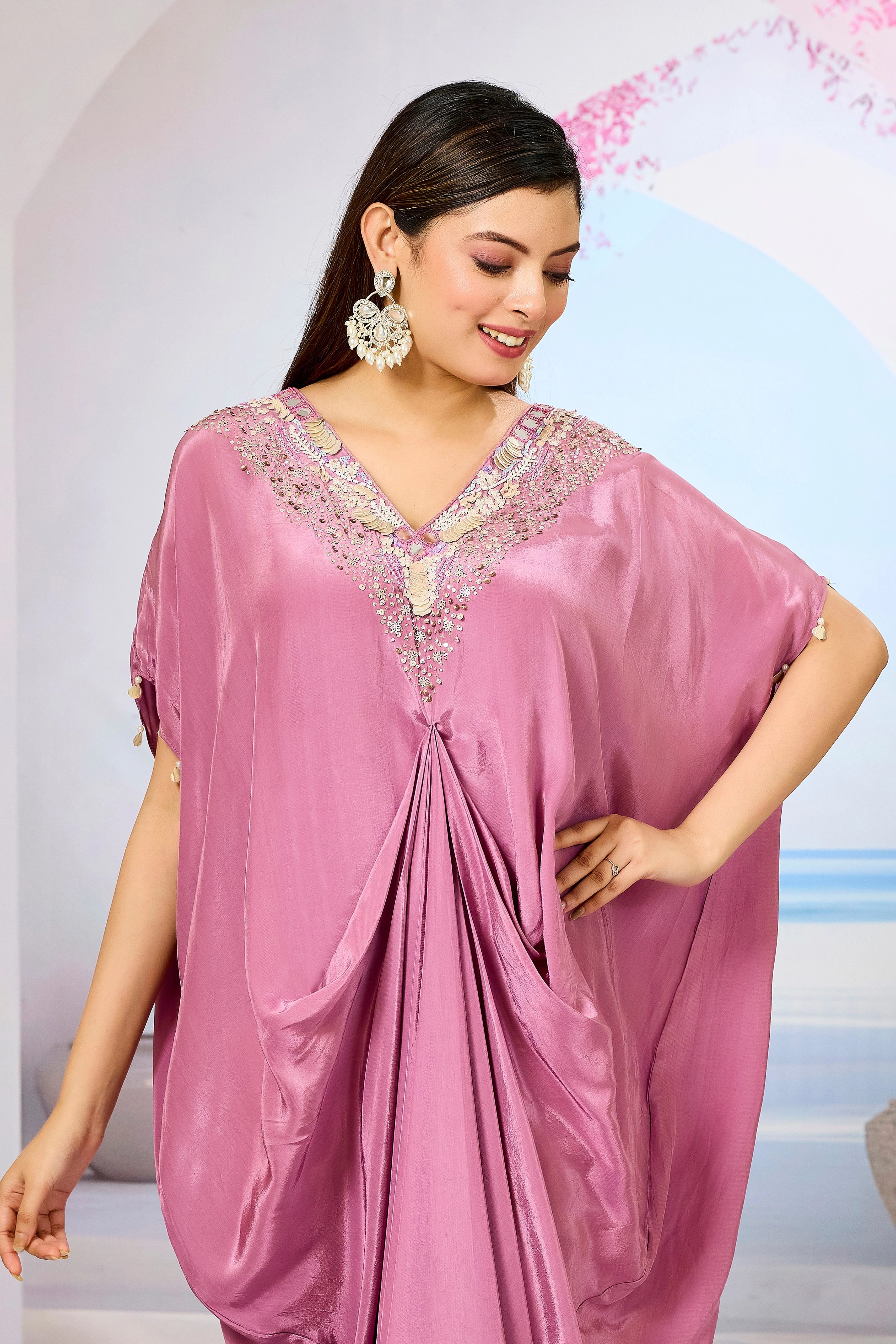 Pink Embellished Crepe Silk Cowl Gown - Image 2