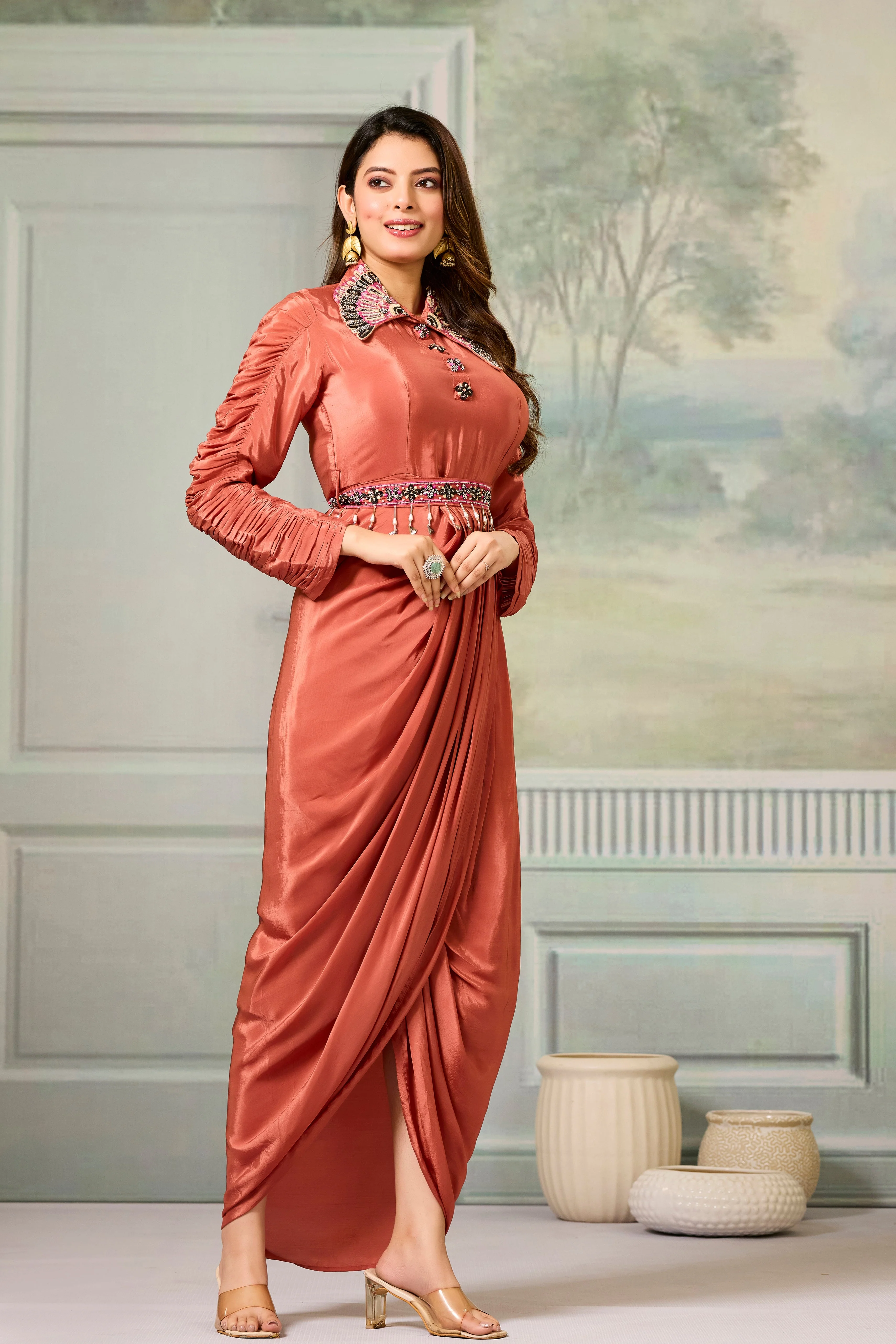 Maroon Embellished Crepe Silk Cowl Gown - Image 3