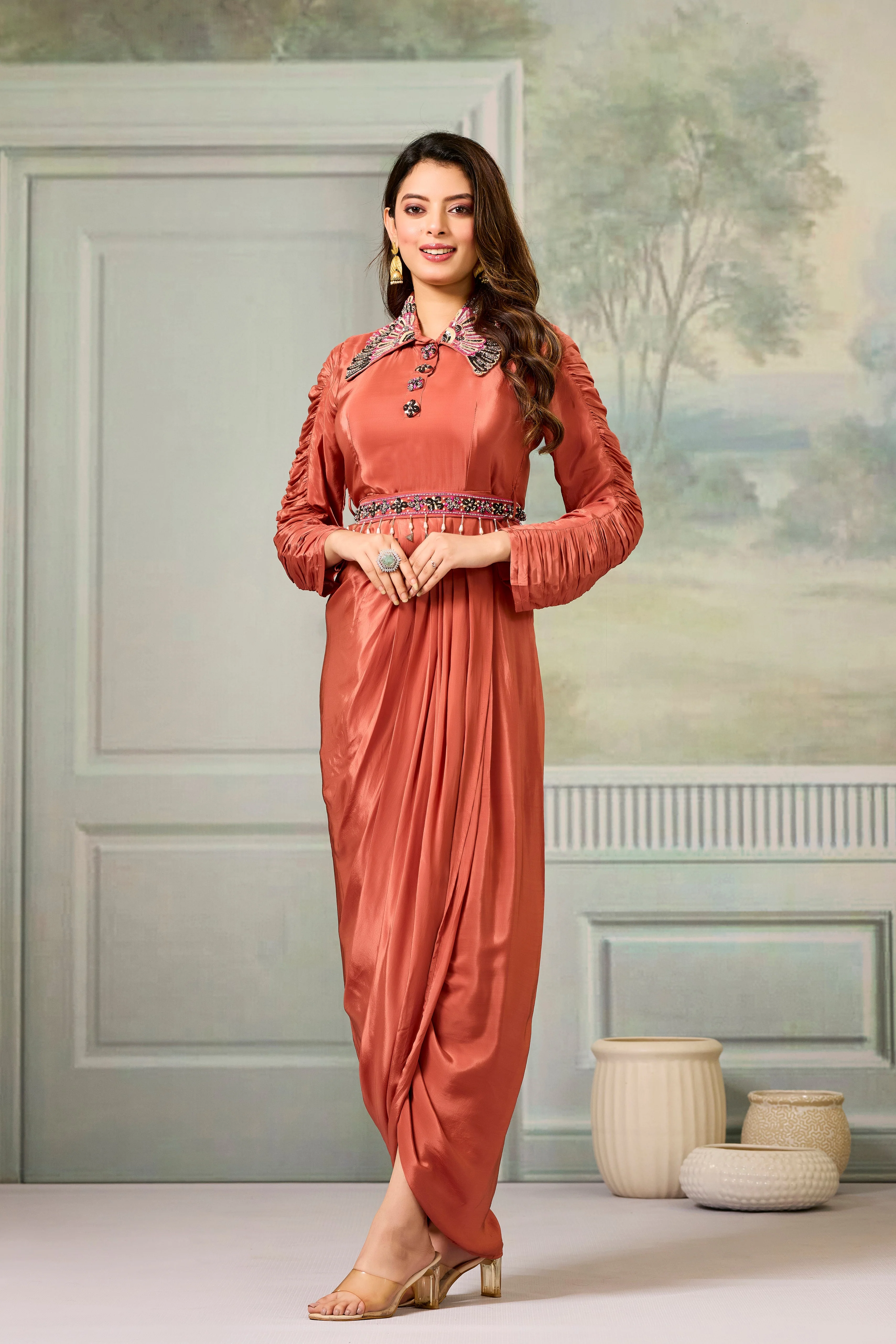 Maroon Embellished Crepe Silk Cowl Gown - Image 4