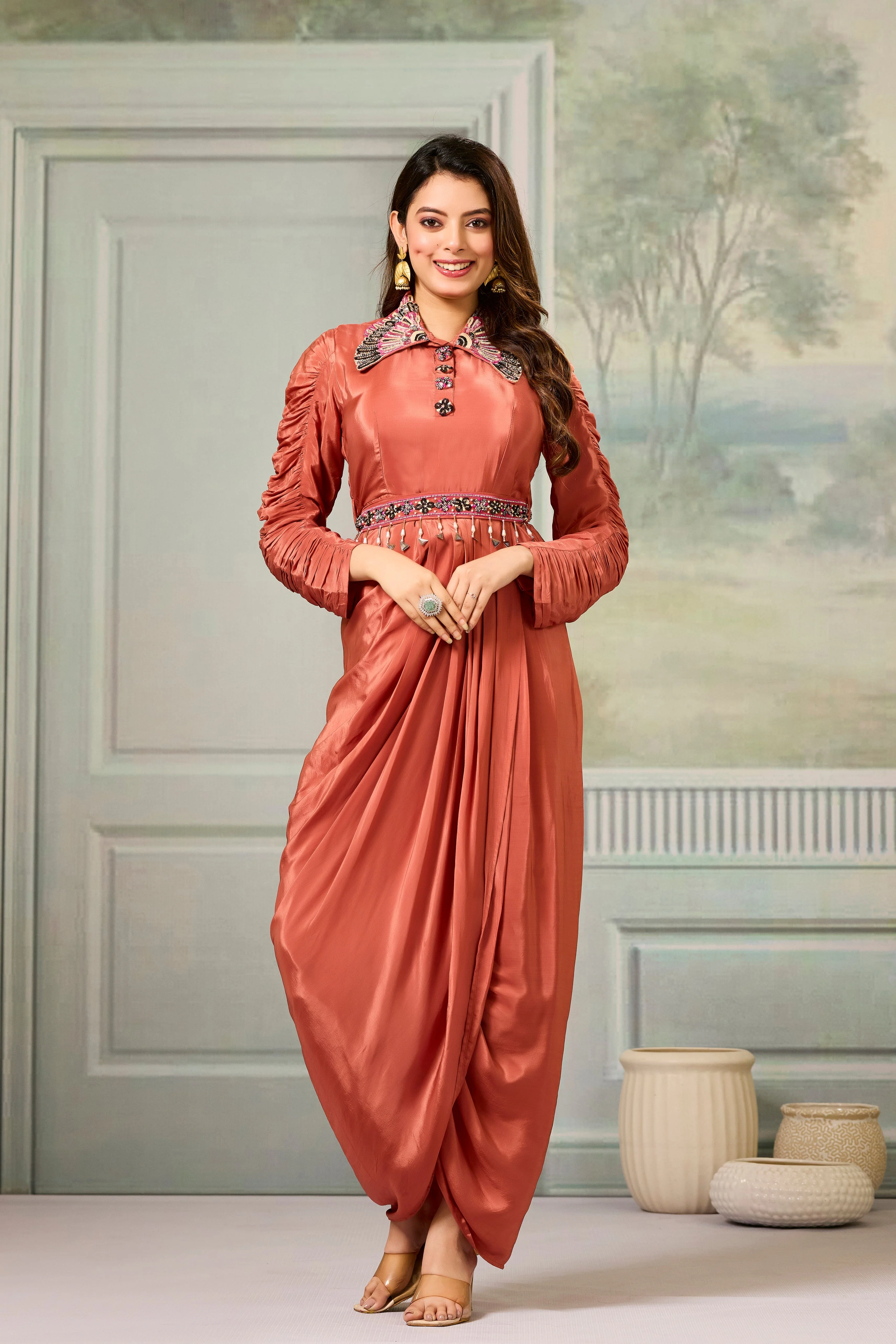 Maroon Embellished Crepe Silk Cowl Gown - Image 5