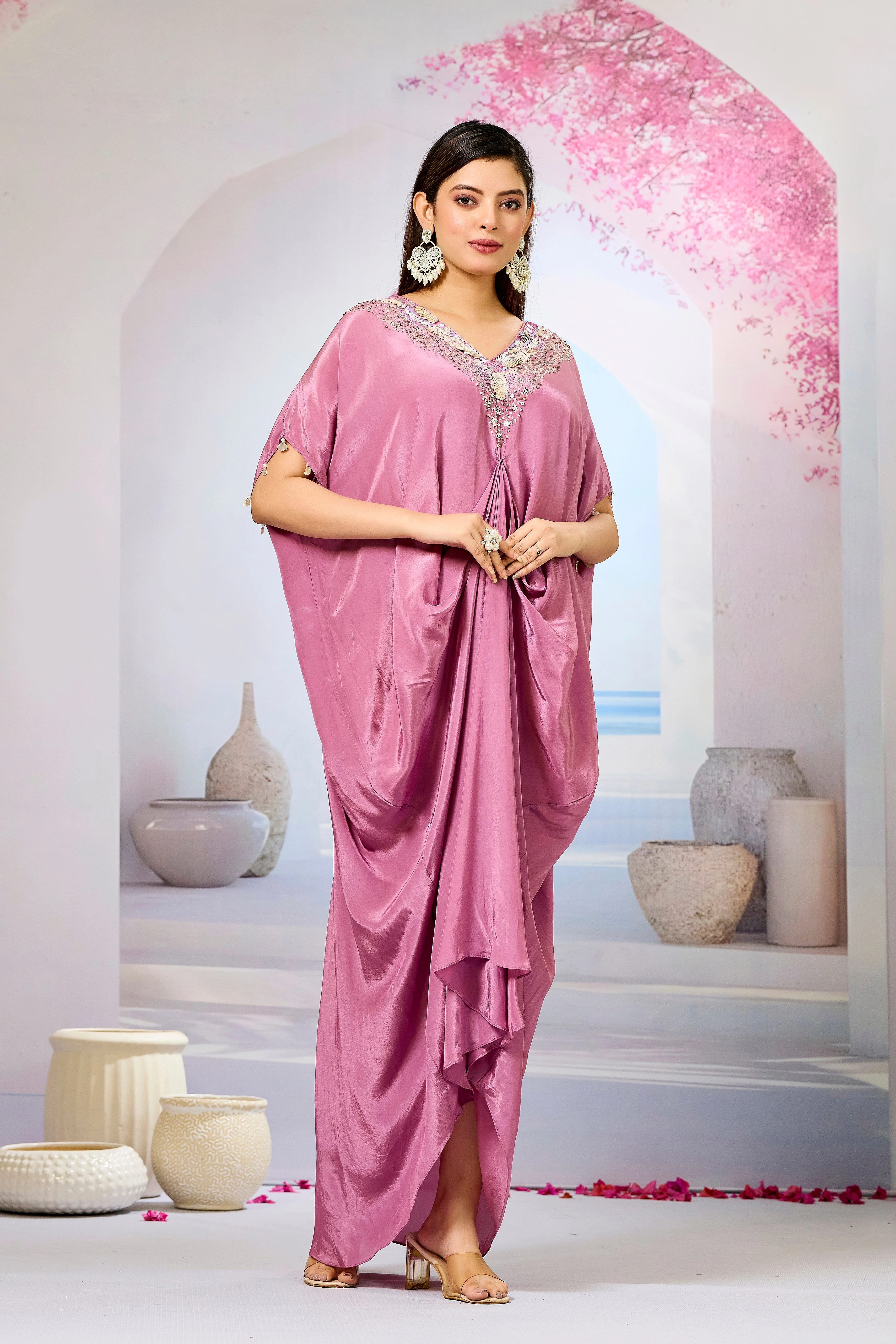 Pink Embellished Crepe Silk Cowl Gown - Image 3