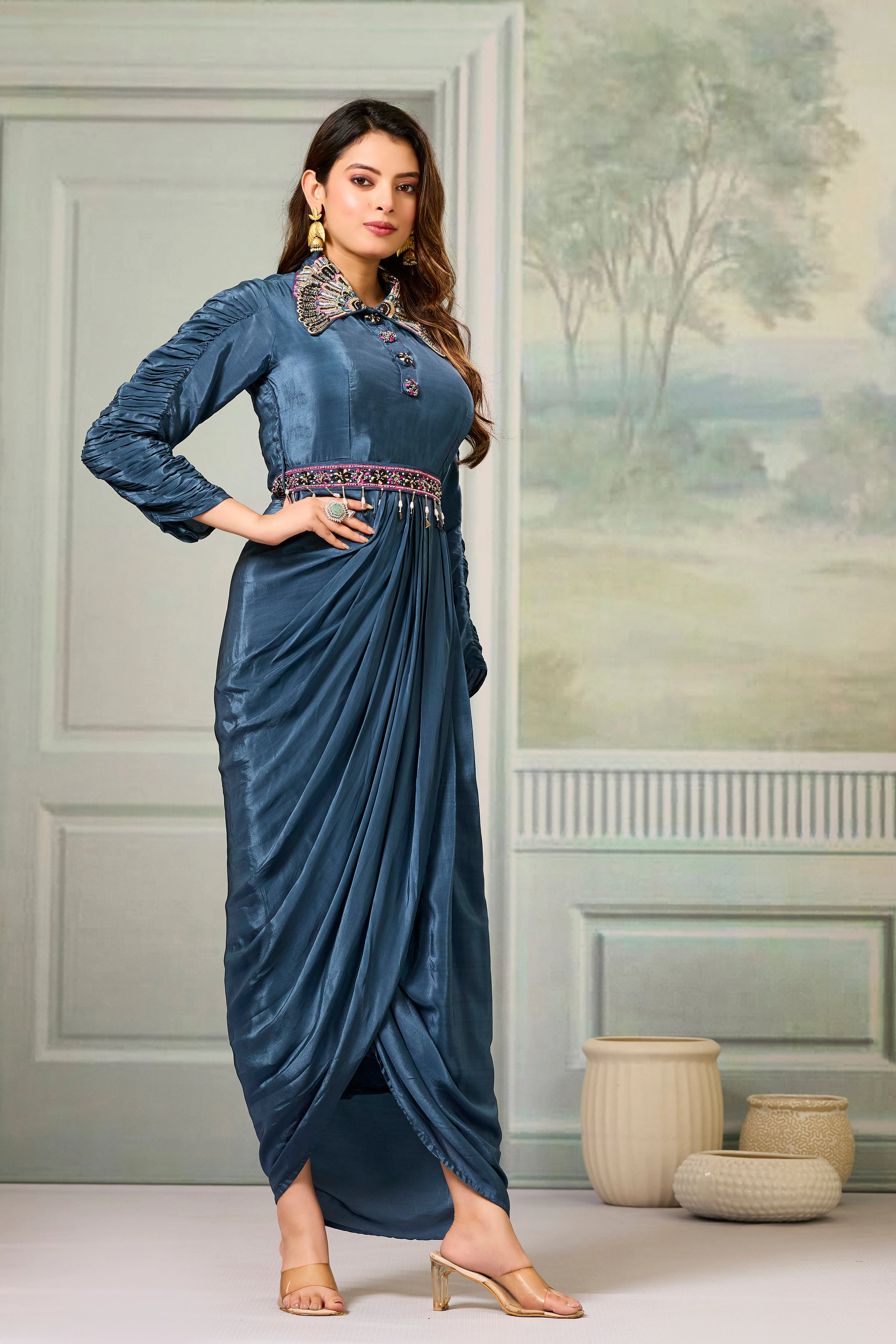 Teal Embellished Crepe Silk Cowl Gown - Image 3