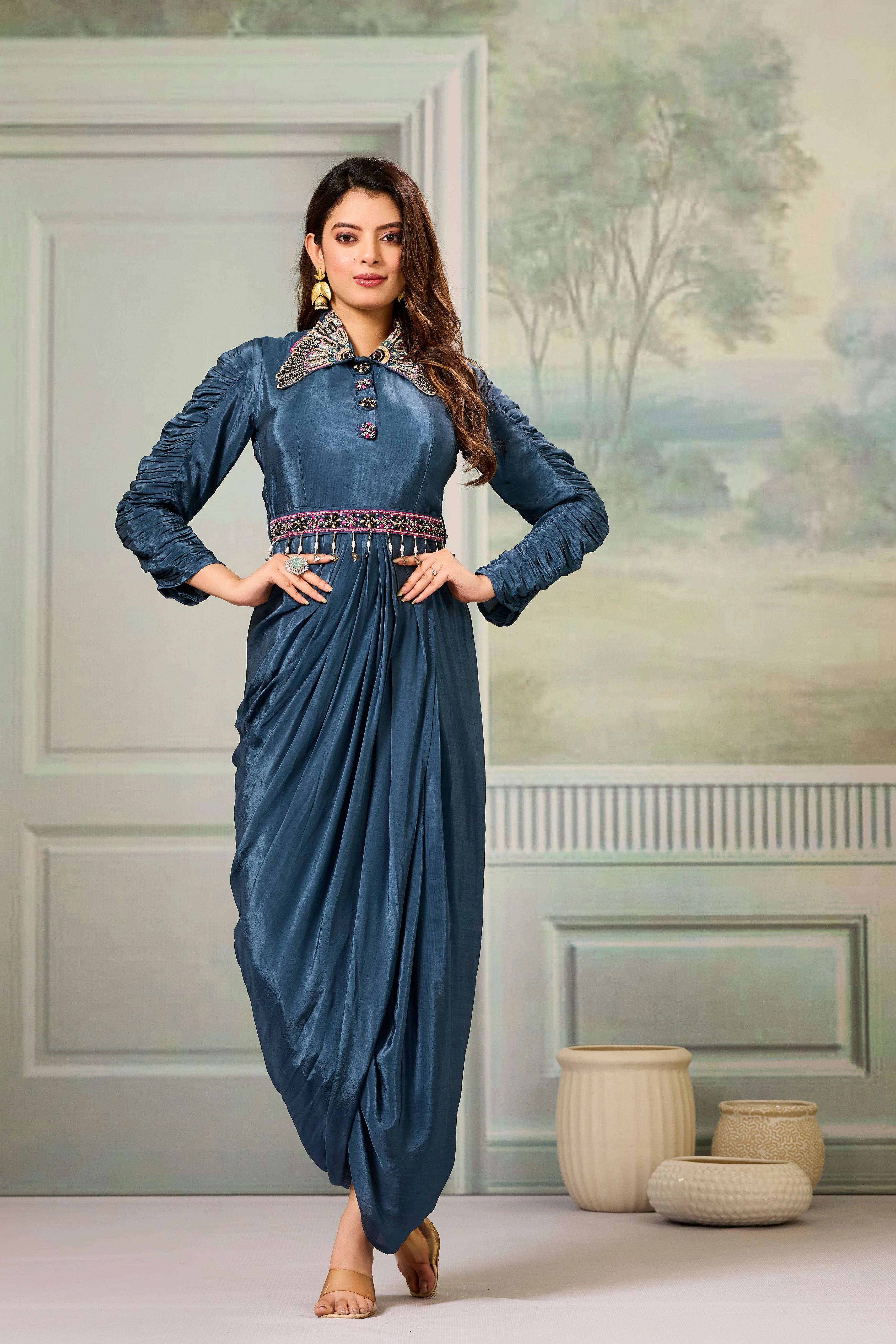 Teal Embellished Crepe Silk Cowl Gown - Image 5