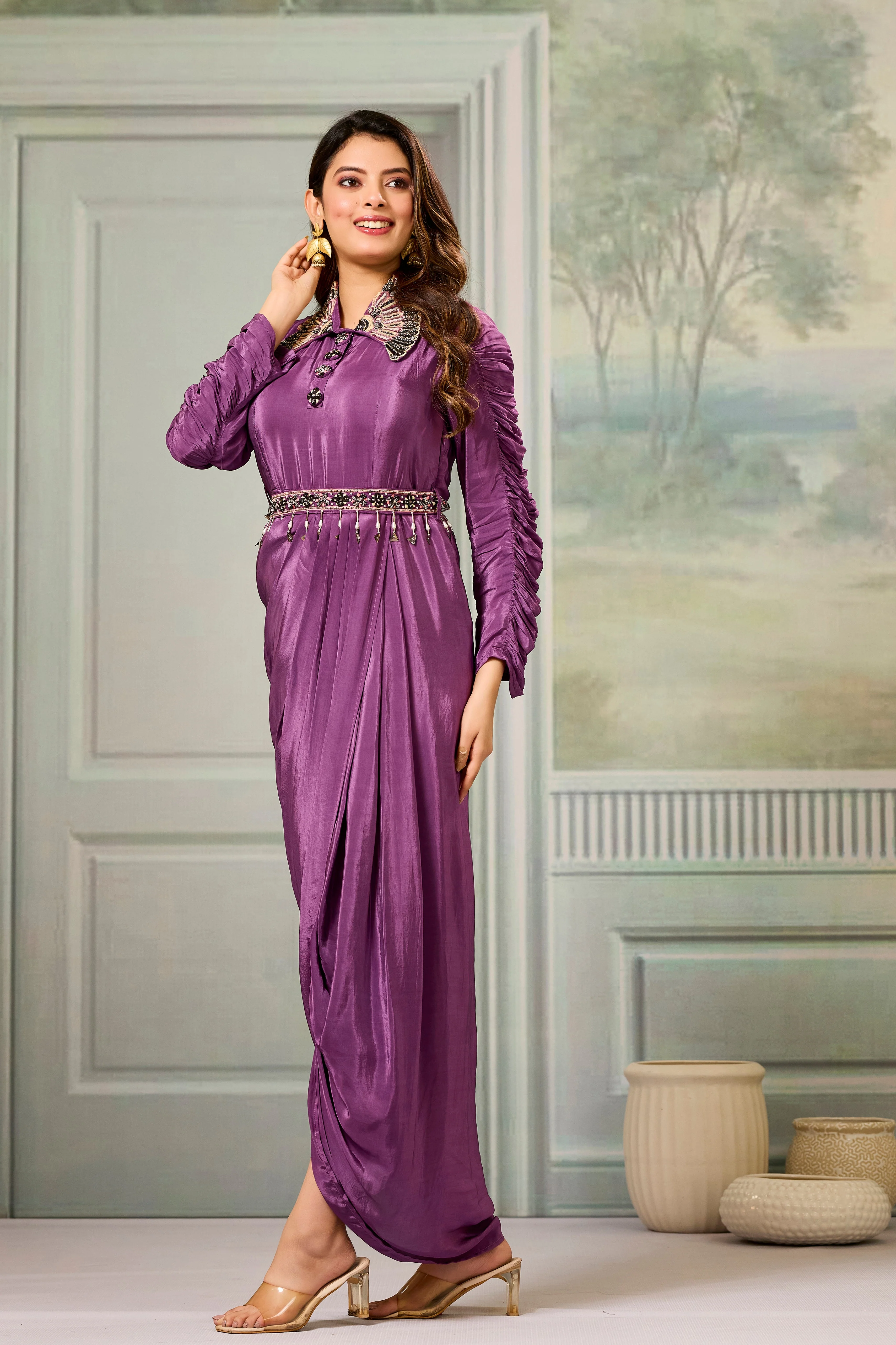 Mauve Embellished Crepe Silk Cowl Gown - Image 4