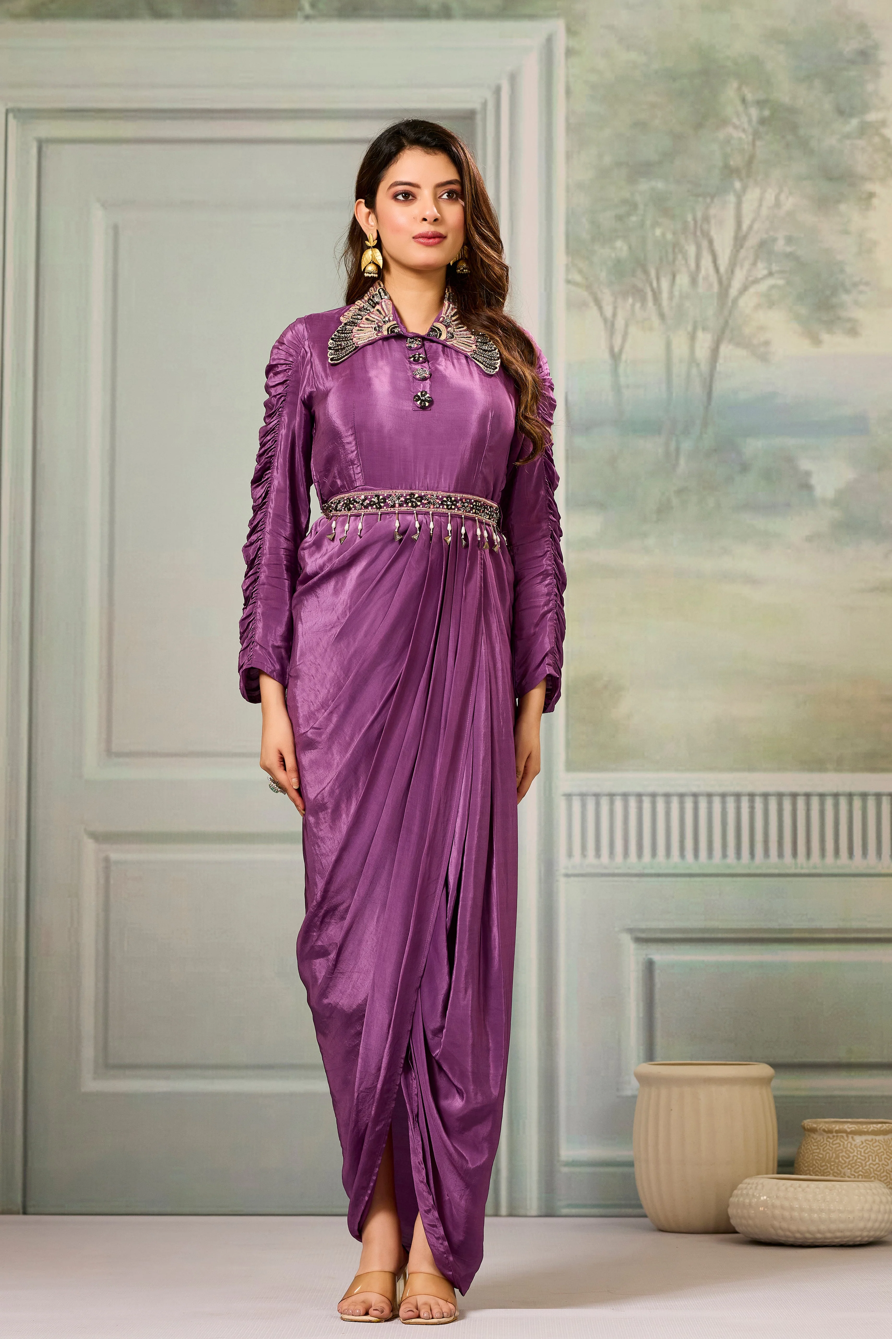 Mauve Embellished Crepe Silk Cowl Gown - Image 5