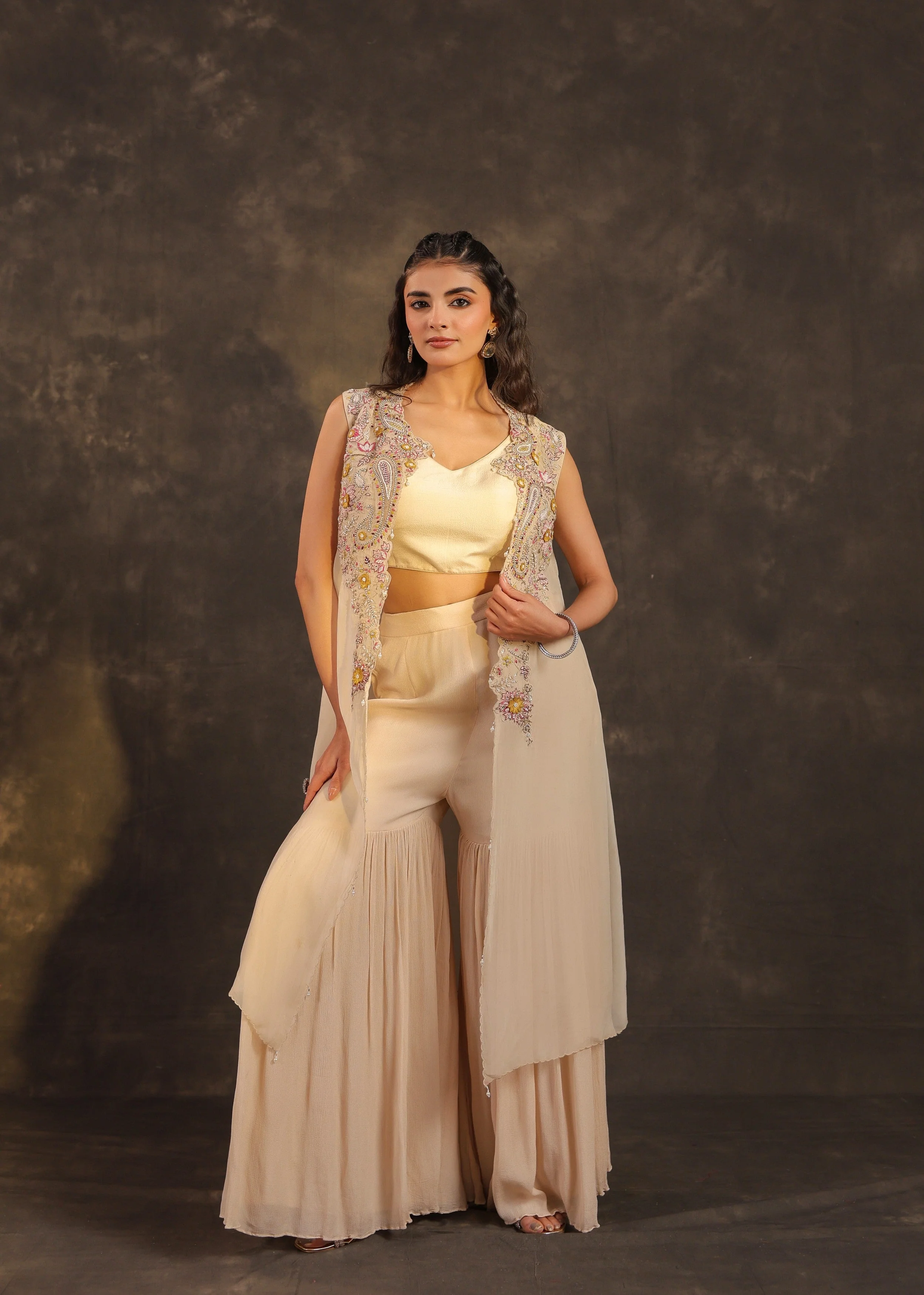 Beige Flora Embellished Chinon Silk Sharara Set