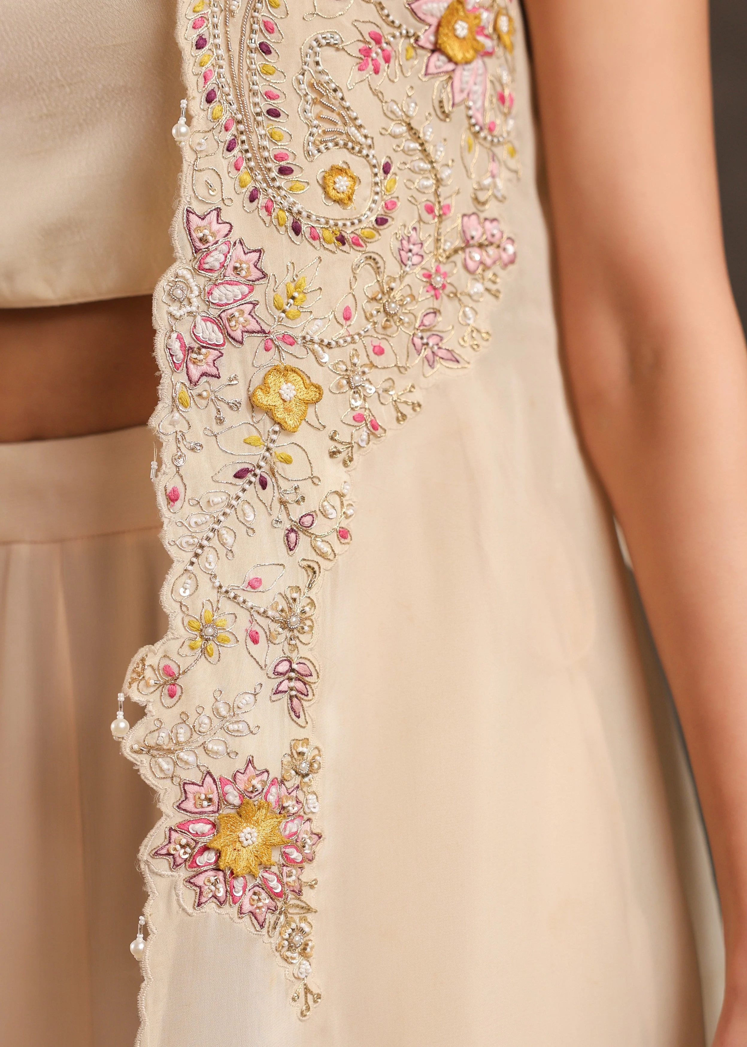 Beige Flora Embellished Chinon Silk Sharara Set - Image 2