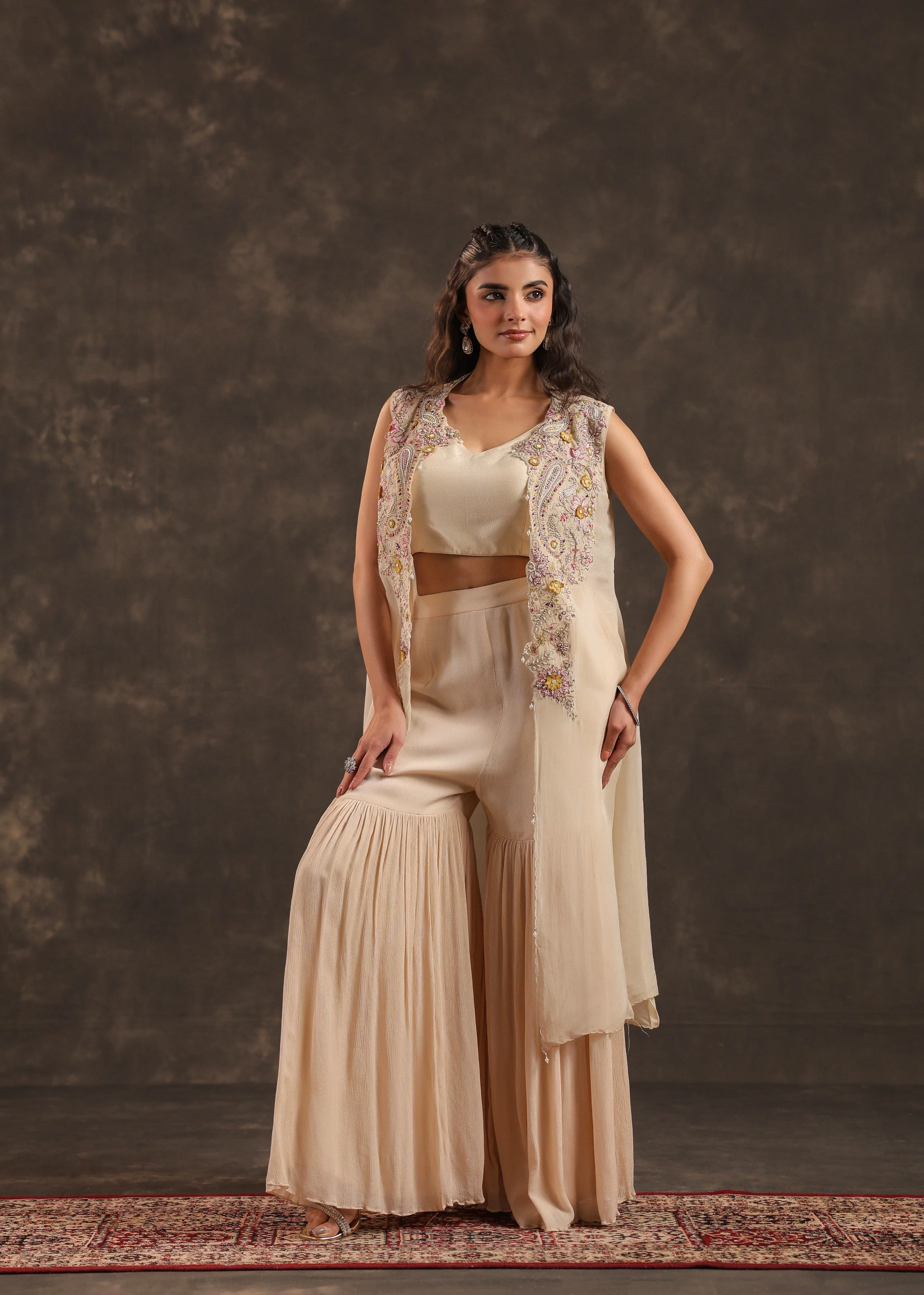 Beige Flora Embellished Chinon Silk Sharara Set - Image 3